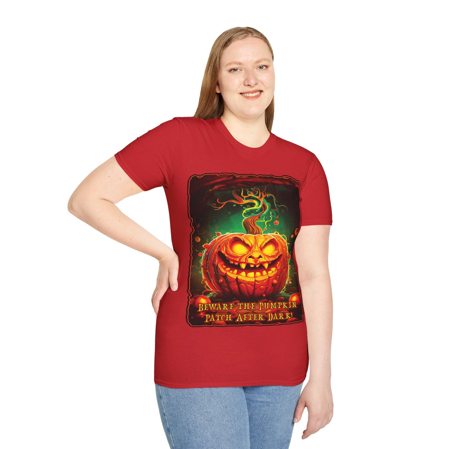 "Beware the Pumpkin Patch..." Unisex Softstyle T-Shirt from Adobe Dregs Coffee Stash™