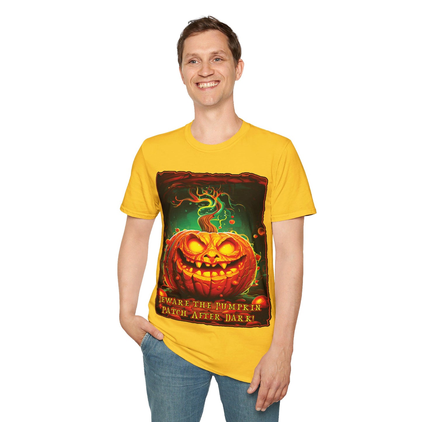 "Beware the Pumpkin Patch..." Unisex Softstyle T-Shirt from Adobe Dregs Coffee Stash™