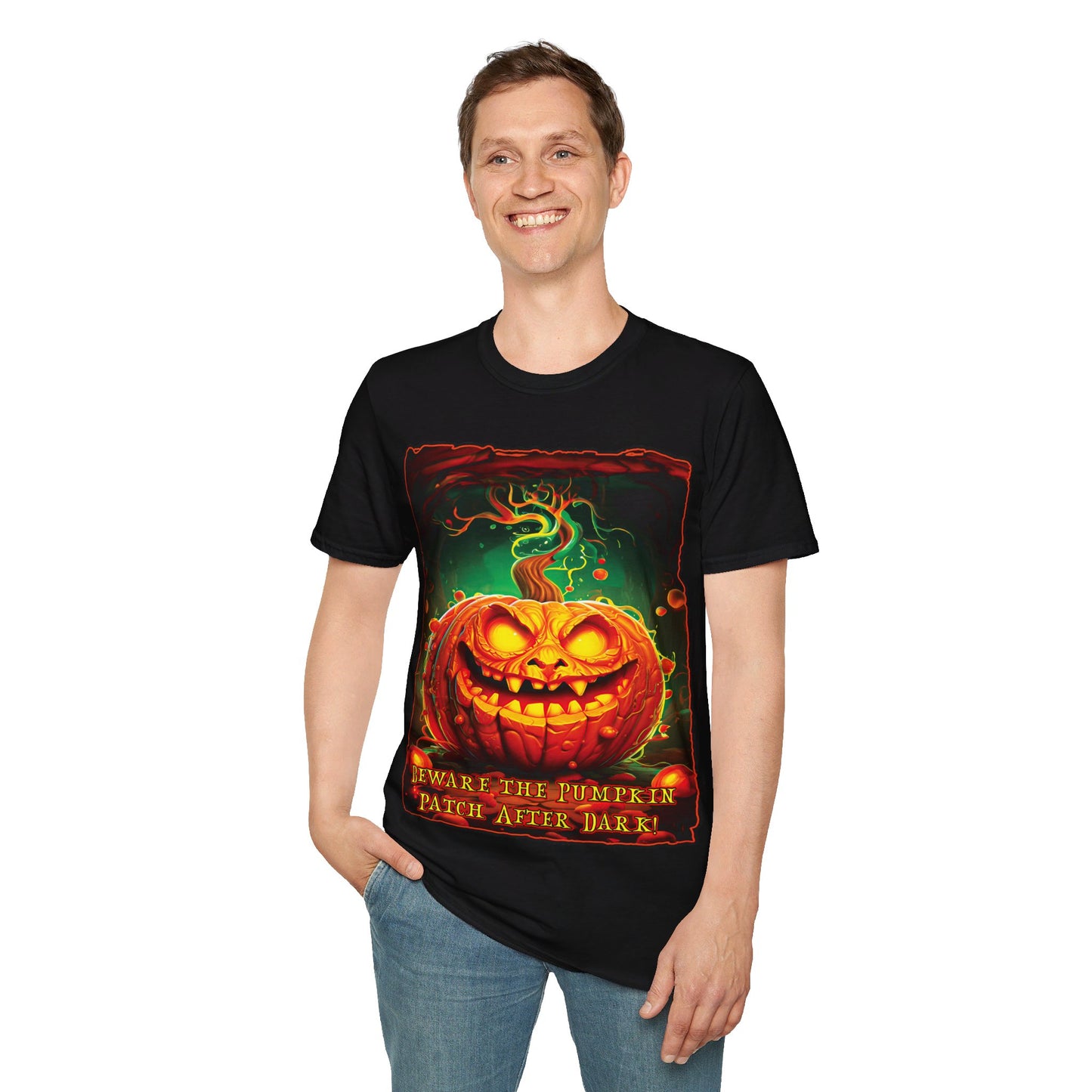 "Beware the Pumpkin Patch..." Unisex Softstyle T-Shirt from Adobe Dregs Coffee Stash™