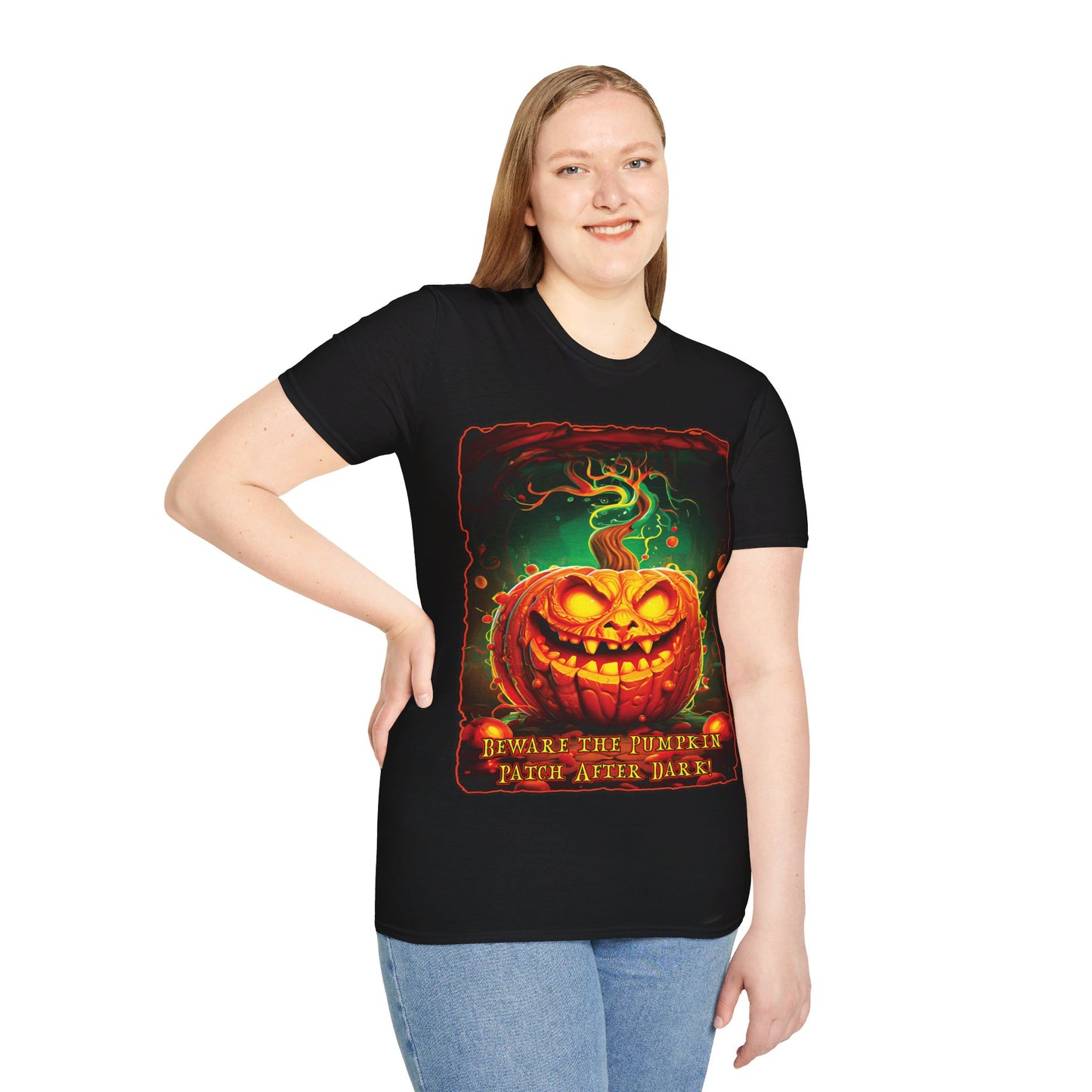 "Beware the Pumpkin Patch..." Unisex Softstyle T-Shirt from Adobe Dregs Coffee Stash™