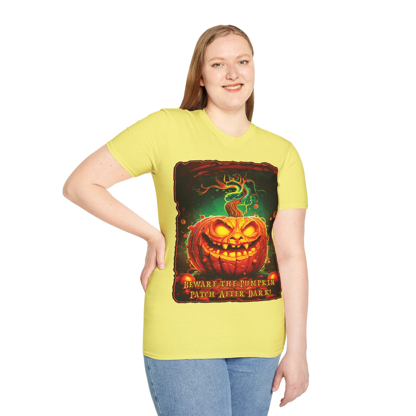 "Beware the Pumpkin Patch..." Unisex Softstyle T-Shirt from Adobe Dregs Coffee Stash™