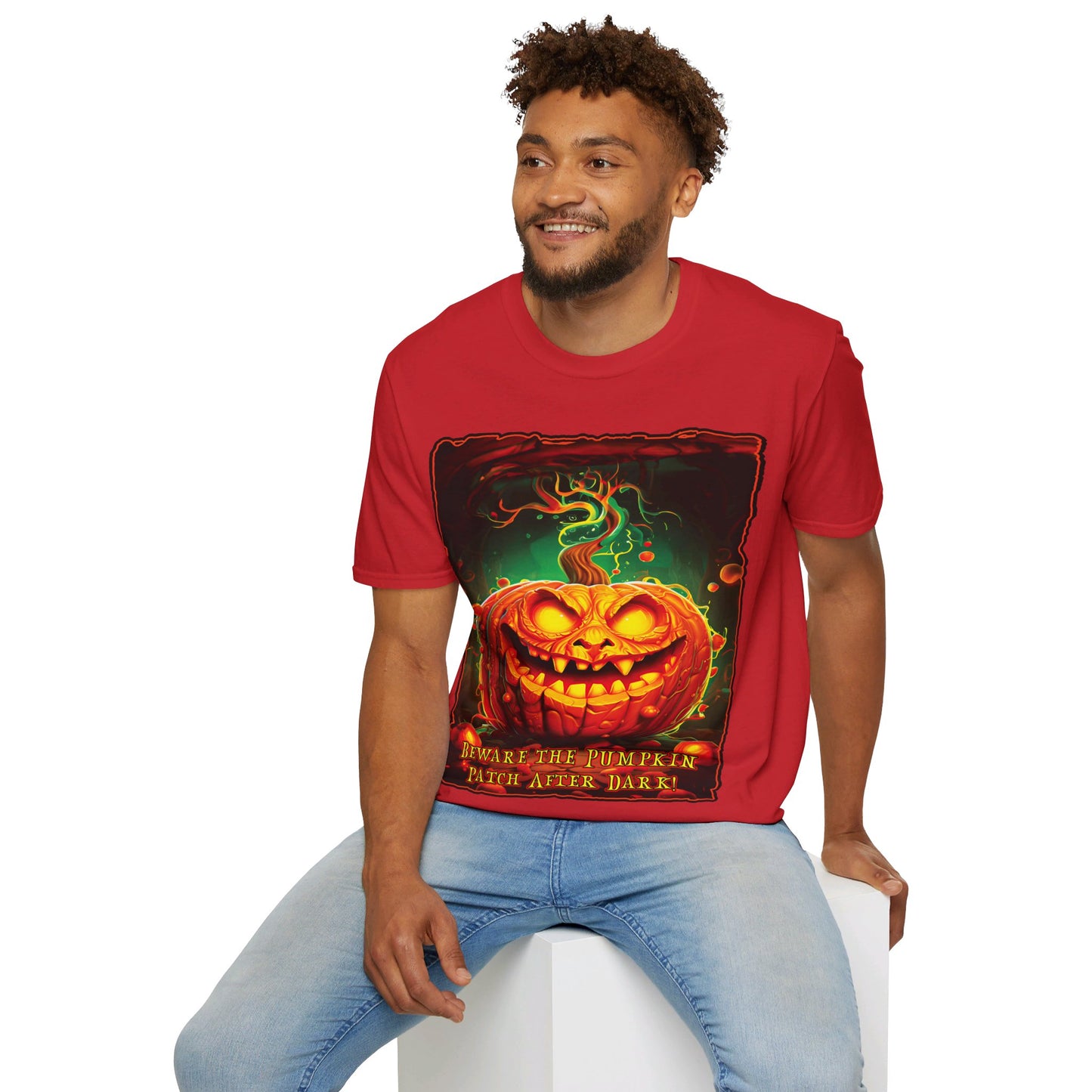 "Beware the Pumpkin Patch..." Unisex Softstyle T-Shirt from Adobe Dregs Coffee Stash™