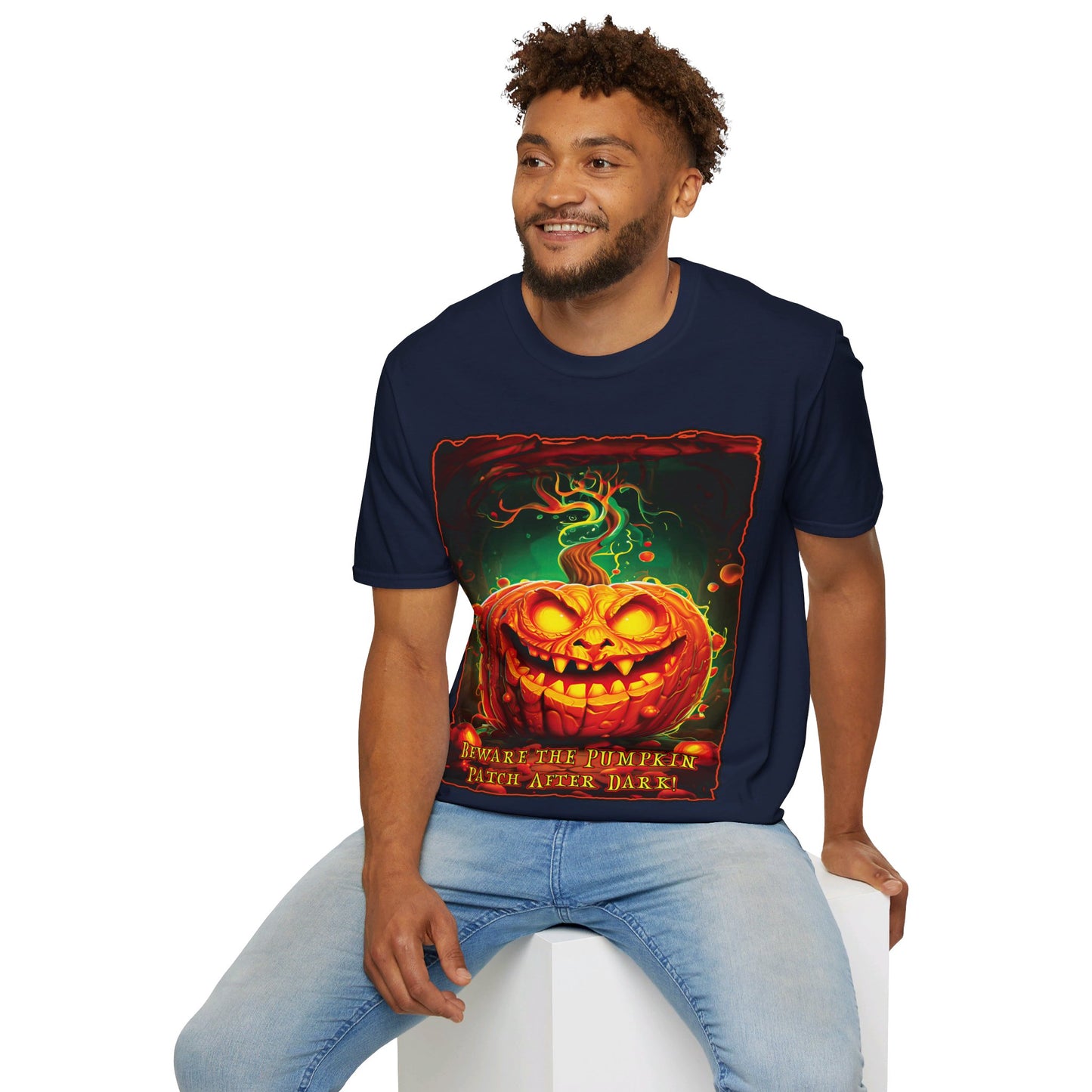 "Beware the Pumpkin Patch..." Unisex Softstyle T-Shirt from Adobe Dregs Coffee Stash™