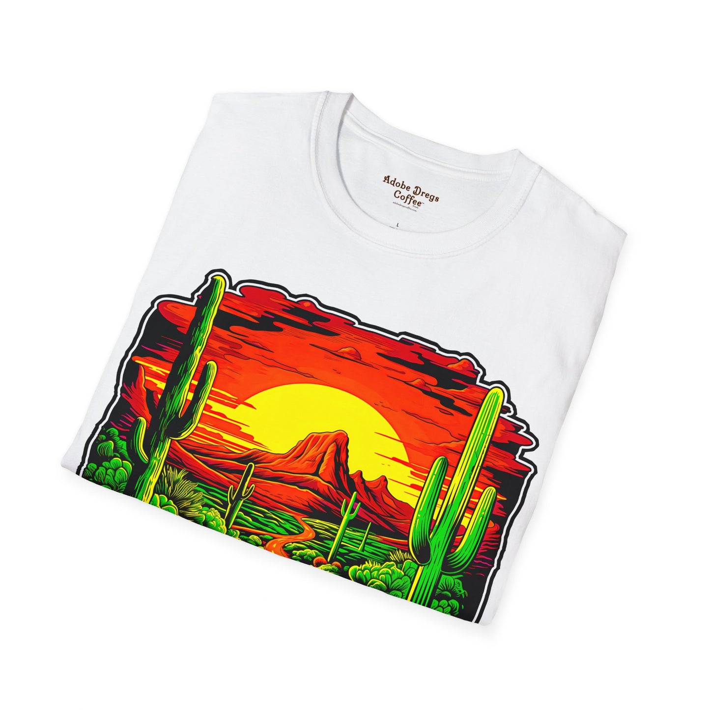 "Red Rock Road - Somewhere, Arizona" Unisex Softstyle T-Shirt from Adobe Dregs Coffee Stash™