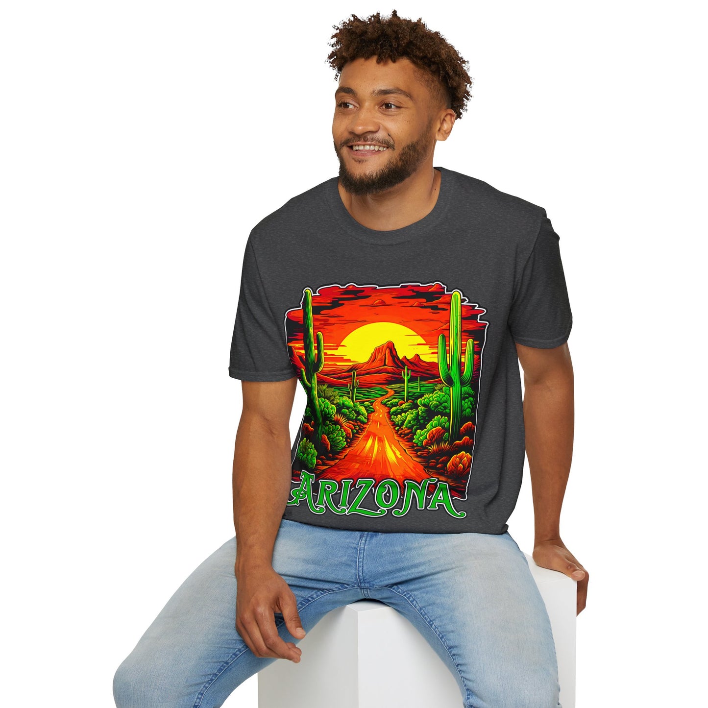 "Red Rock Road - Somewhere, Arizona" Unisex Softstyle T-Shirt from Adobe Dregs Coffee Stash™