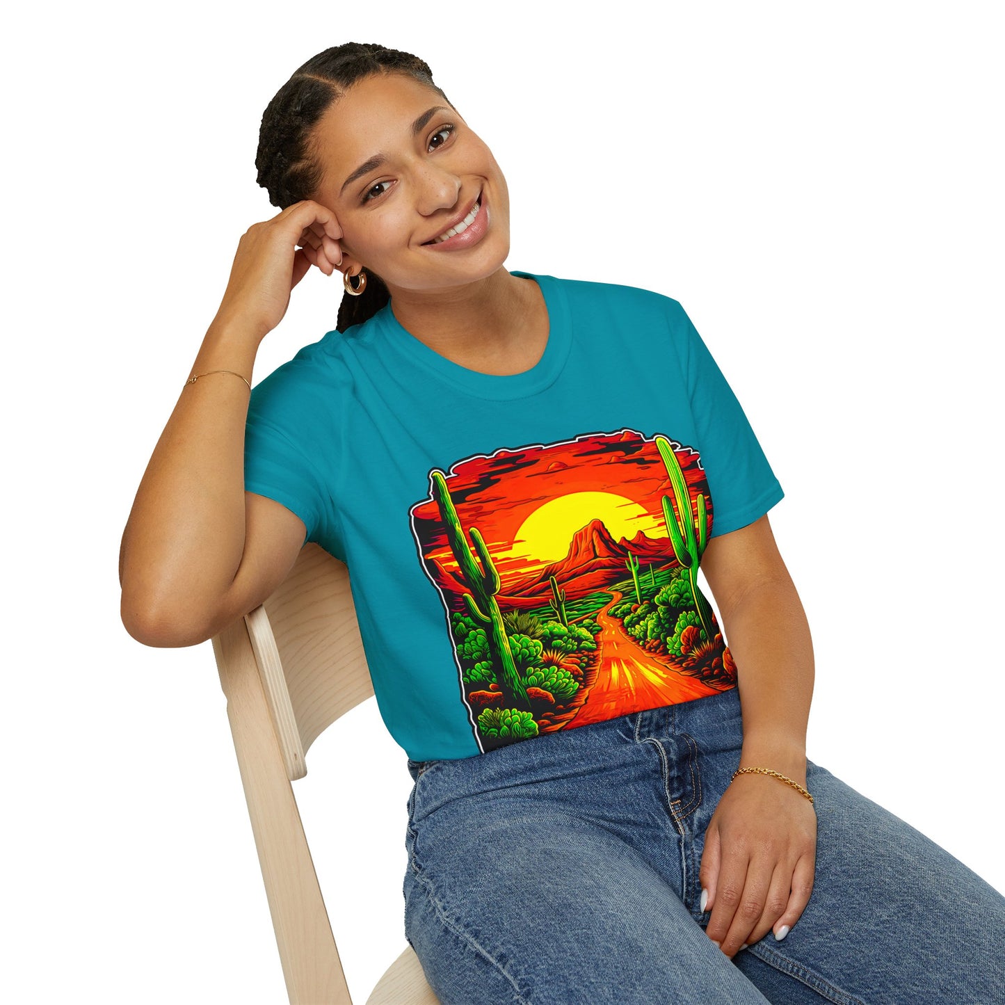 "Red Rock Road - Somewhere, Arizona" Unisex Softstyle T-Shirt from Adobe Dregs Coffee Stash™