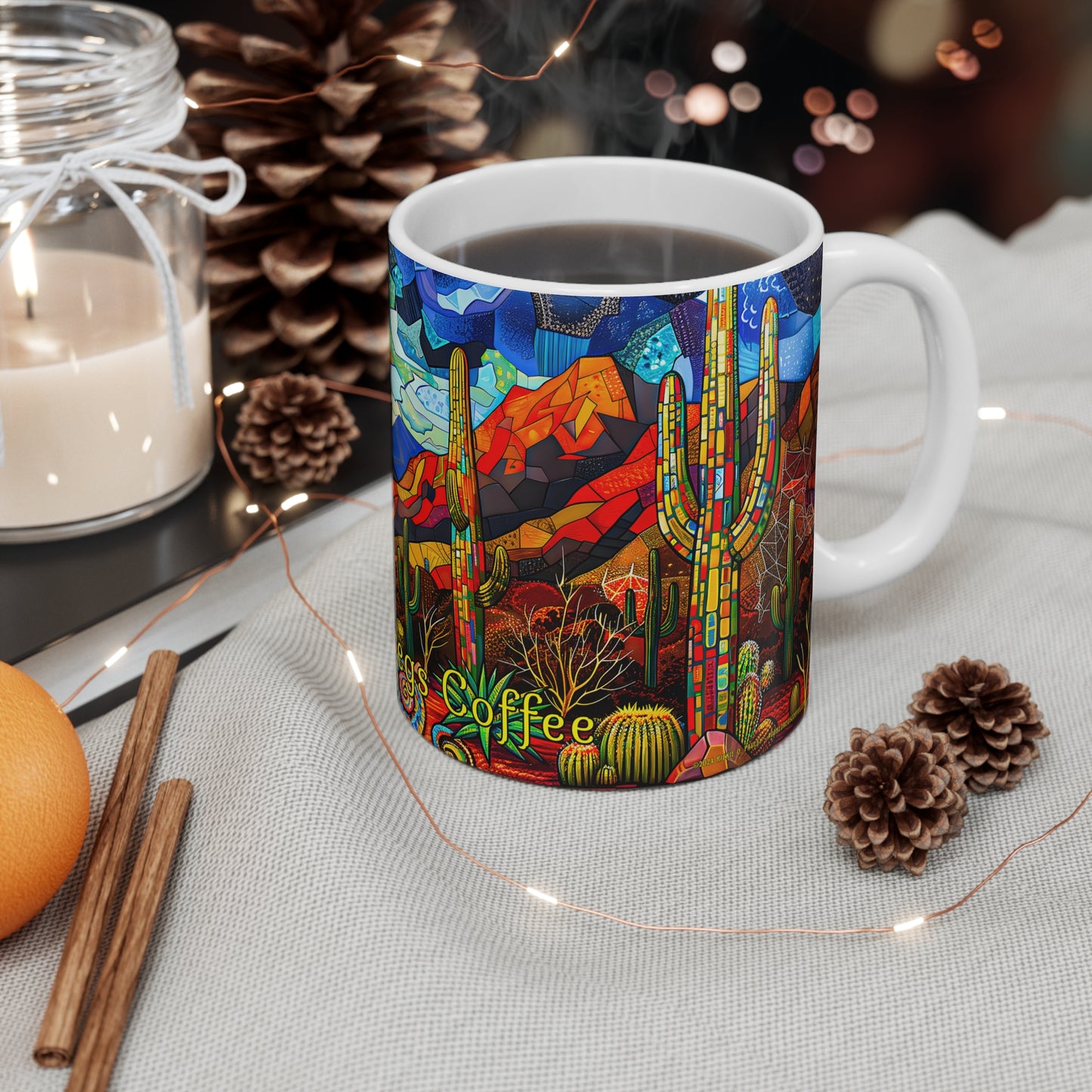 "A Patchwork Desert Camp" 11oz Coffee Mug, from Adobe Dregs Coffee Stash™