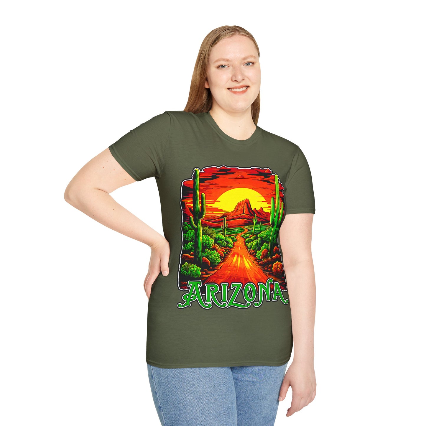 "Red Rock Road - Somewhere, Arizona" Unisex Softstyle T-Shirt from Adobe Dregs Coffee Stash™