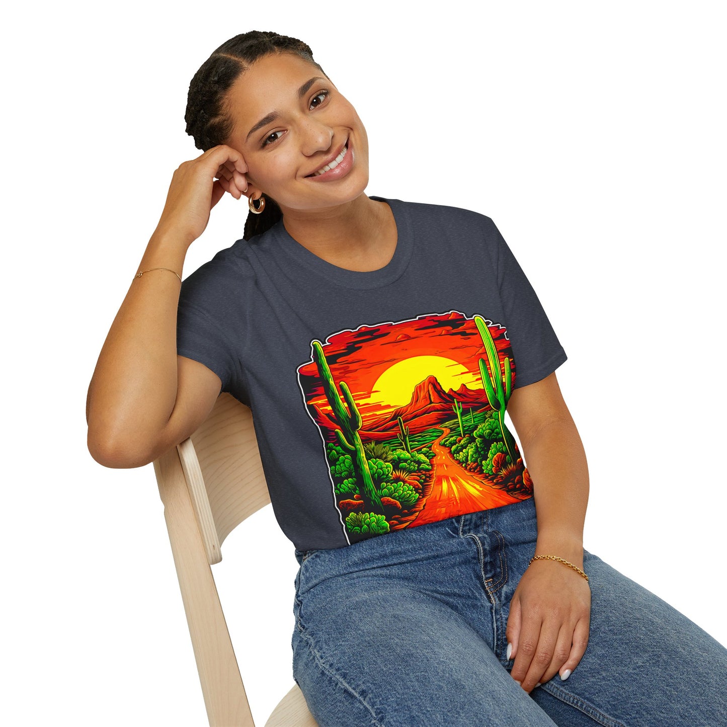 "Red Rock Road - Somewhere, Arizona" Unisex Softstyle T-Shirt from Adobe Dregs Coffee Stash™