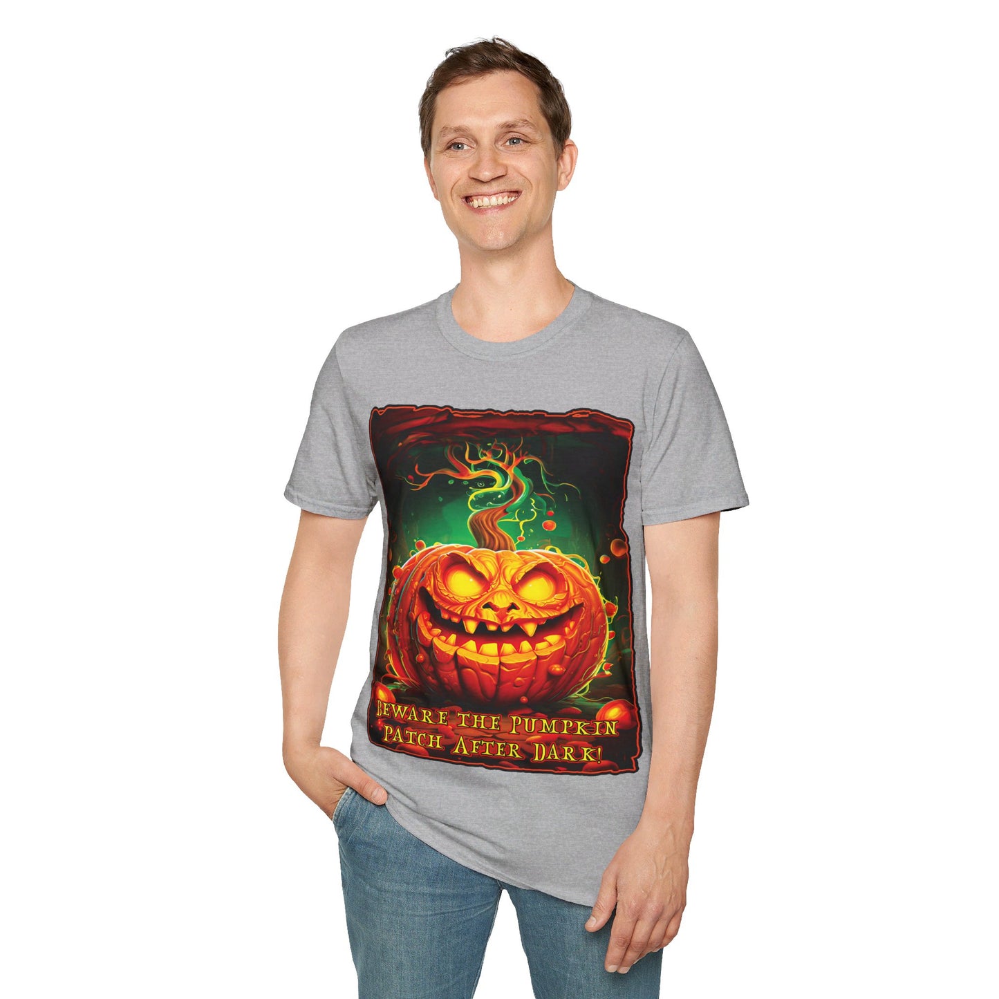 "Beware the Pumpkin Patch..." Unisex Softstyle T-Shirt from Adobe Dregs Coffee Stash™