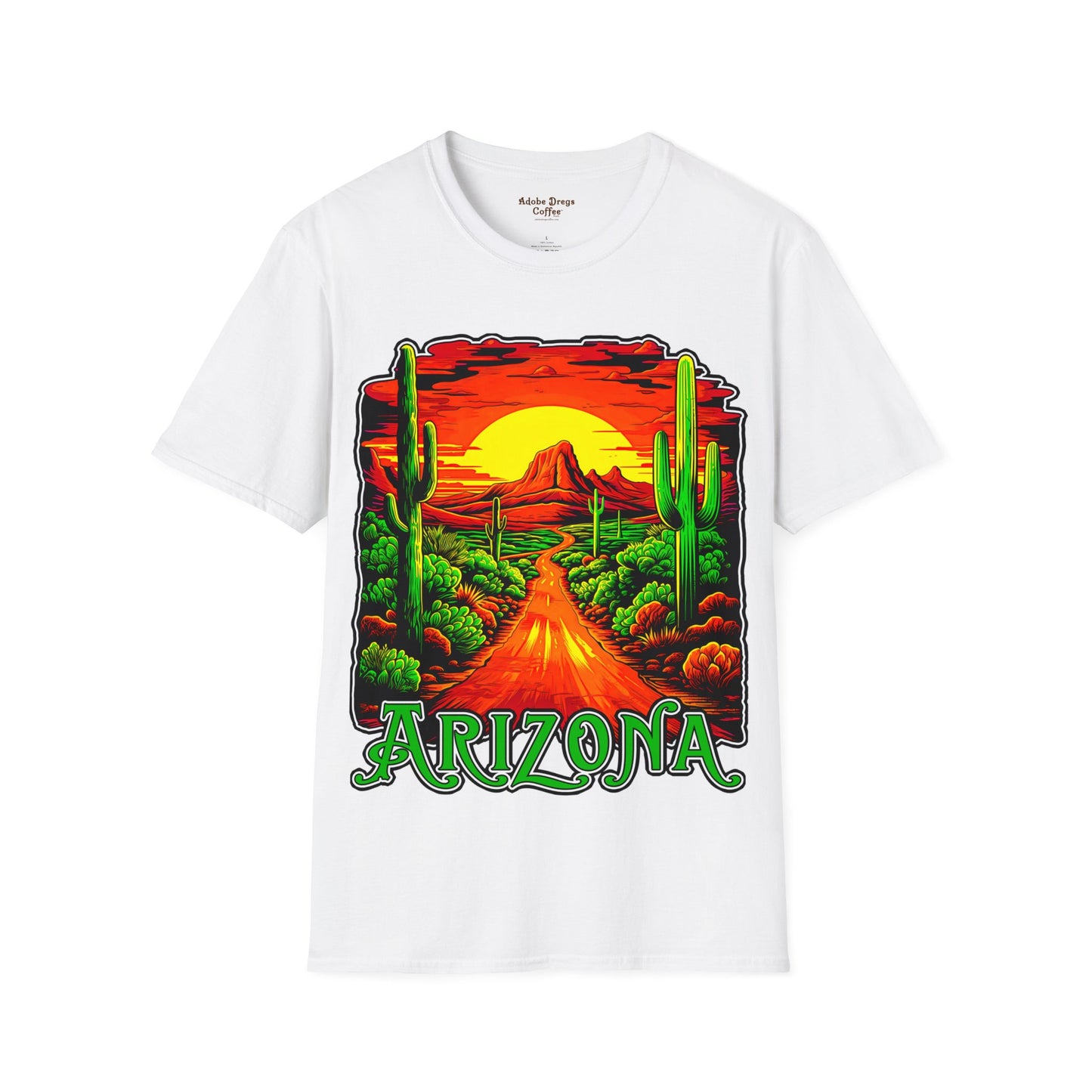 "Red Rock Road - Somewhere, Arizona" Unisex Softstyle T-Shirt from Adobe Dregs Coffee Stash™