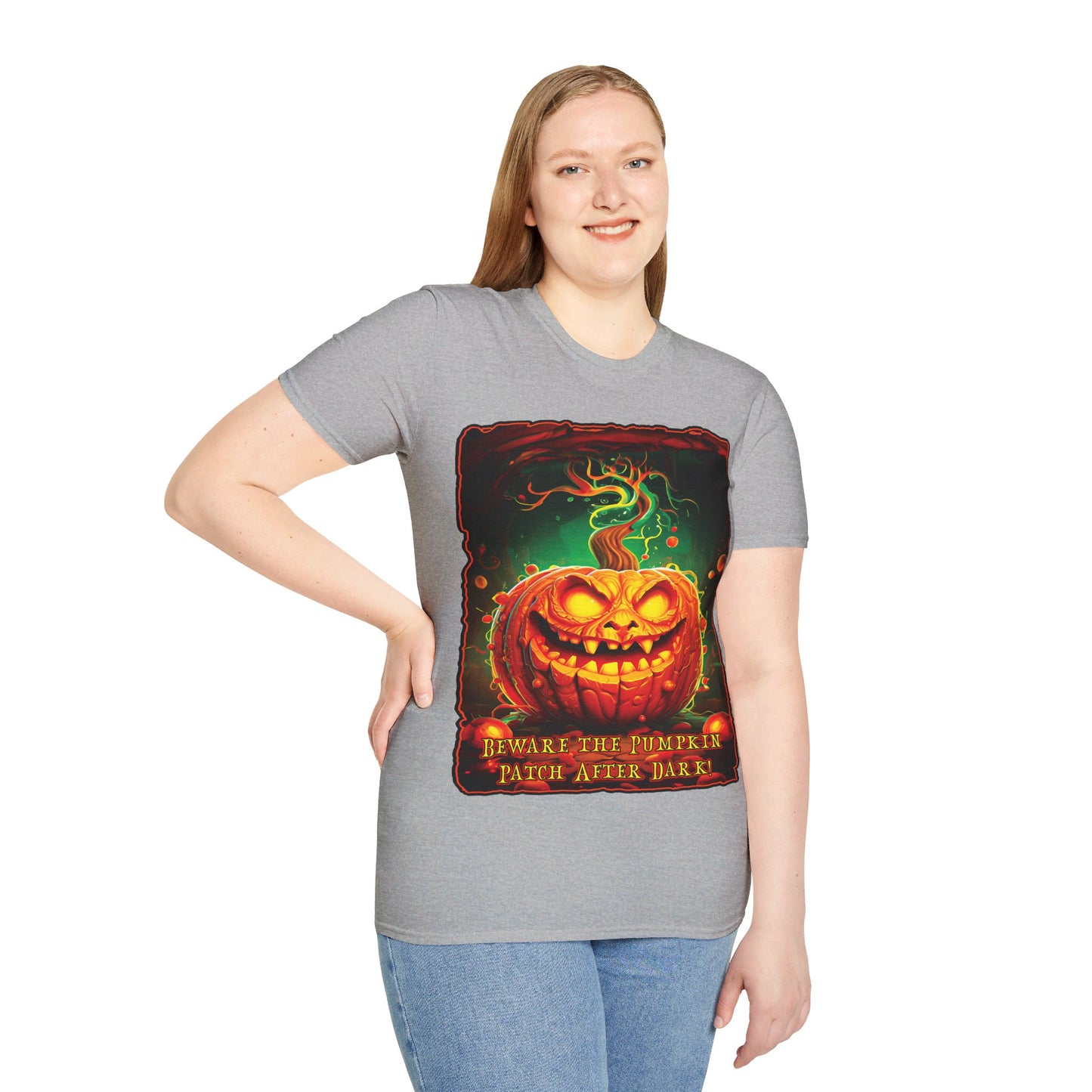 "Beware the Pumpkin Patch..." Unisex Softstyle T-Shirt from Adobe Dregs Coffee Stash™