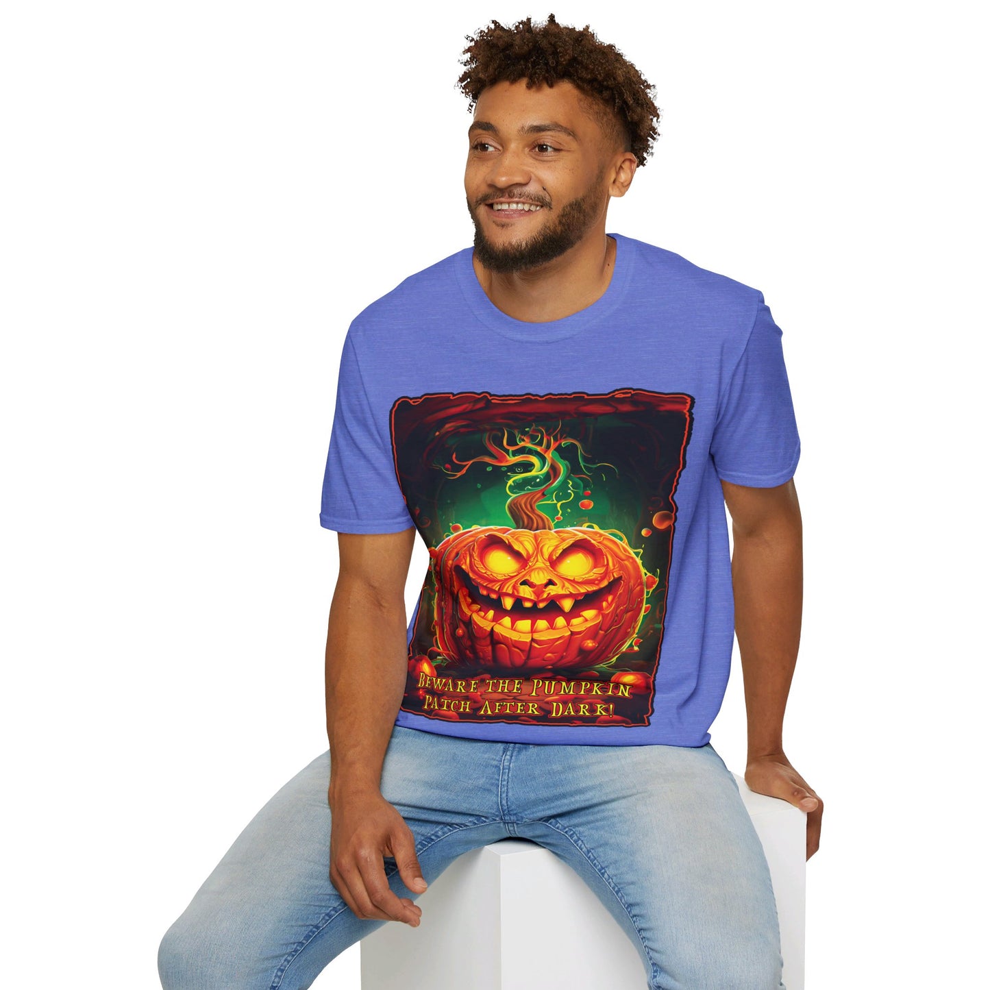 "Beware the Pumpkin Patch..." Unisex Softstyle T-Shirt from Adobe Dregs Coffee Stash™