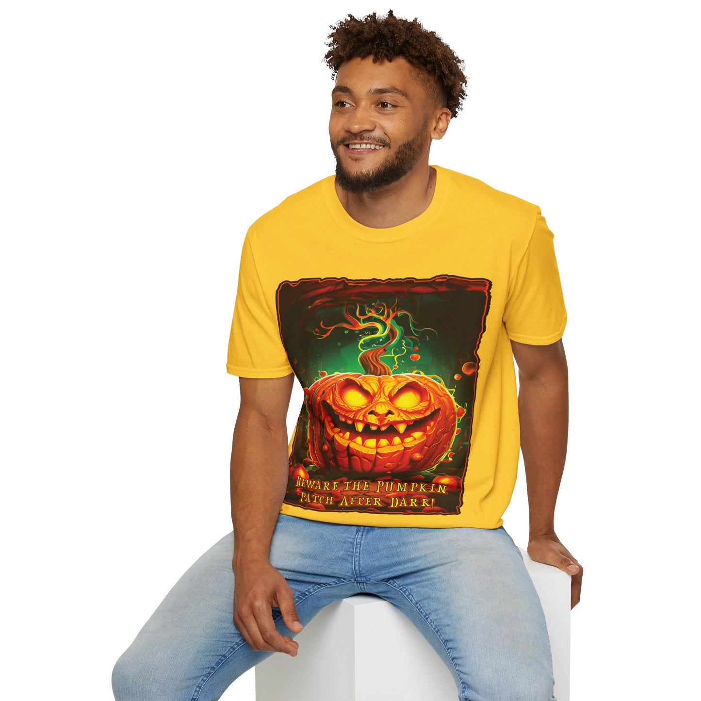 "Beware the Pumpkin Patch..." Unisex Softstyle T-Shirt from Adobe Dregs Coffee Stash™