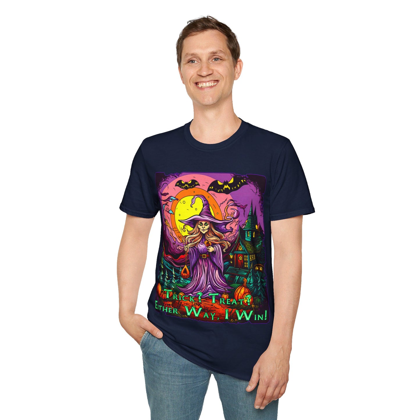 "Trick? Treat? Either Way, I Win!" Unisex Softstyle T-Shirt from Adobe Dregs Coffee Stash™