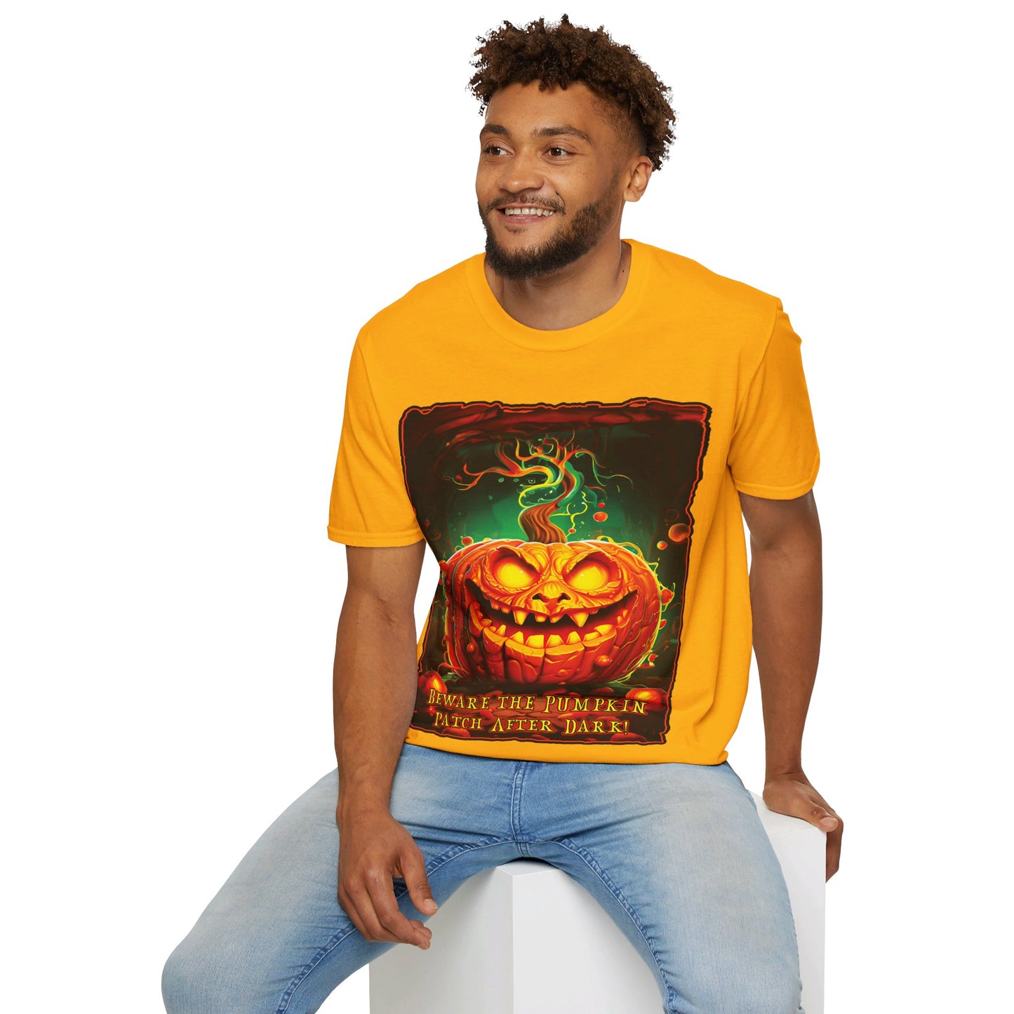 "Beware the Pumpkin Patch..." Unisex Softstyle T-Shirt from Adobe Dregs Coffee Stash™