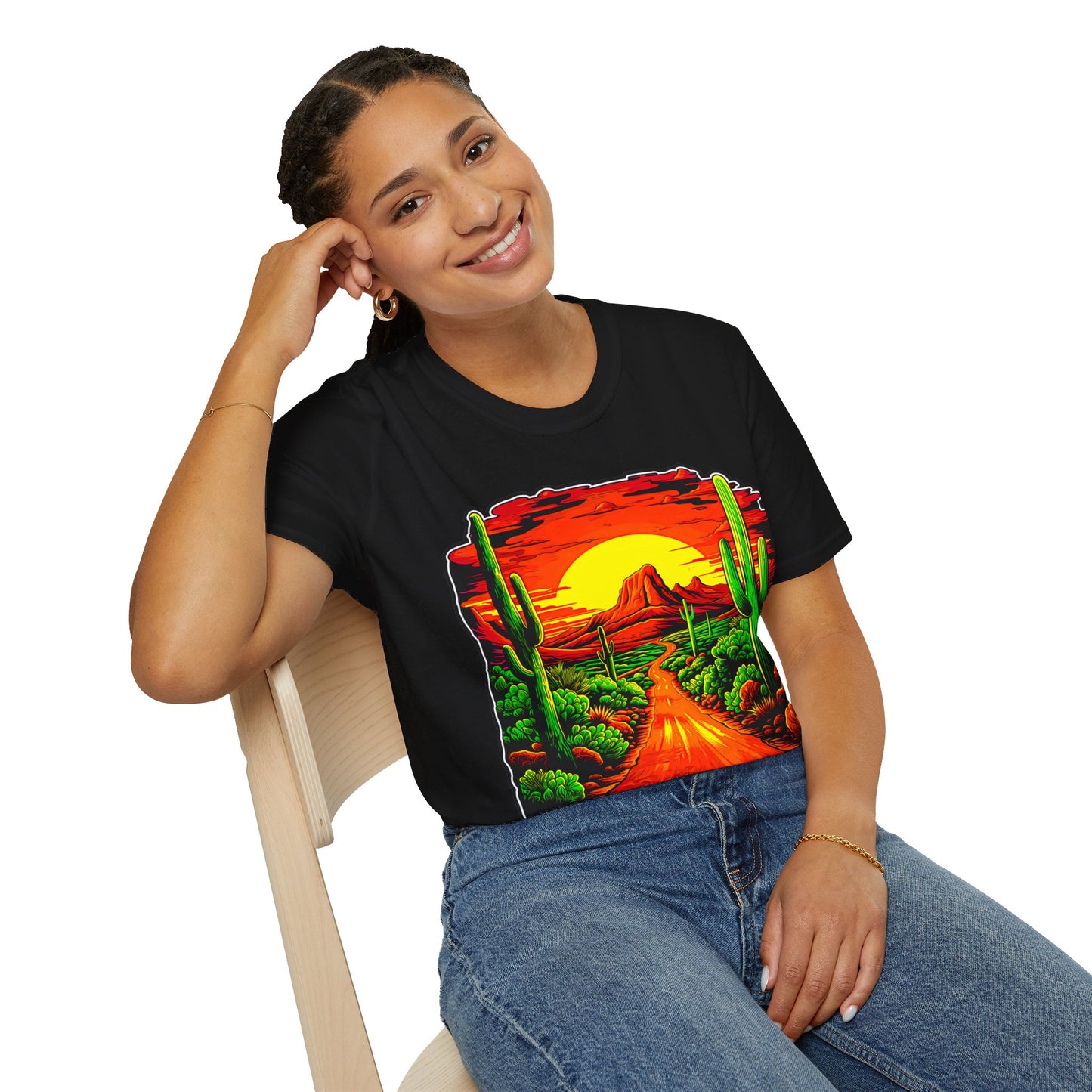 "Red Rock Road - Somewhere, Arizona" Unisex Softstyle T-Shirt from Adobe Dregs Coffee Stash™