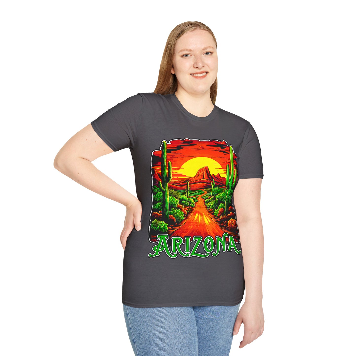 "Red Rock Road - Somewhere, Arizona" Unisex Softstyle T-Shirt from Adobe Dregs Coffee Stash™