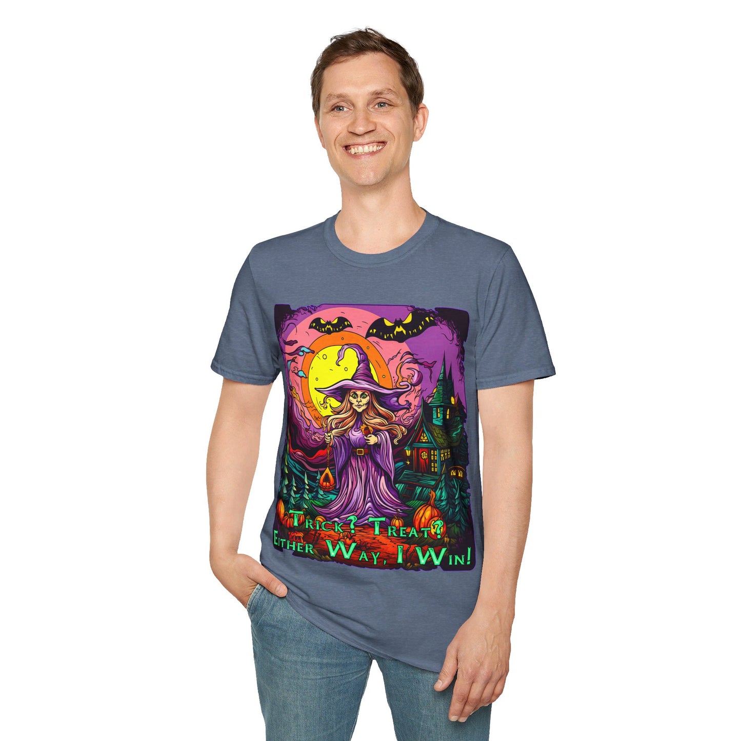 "Trick? Treat? Either Way, I Win!" Unisex Softstyle T-Shirt from Adobe Dregs Coffee Stash™