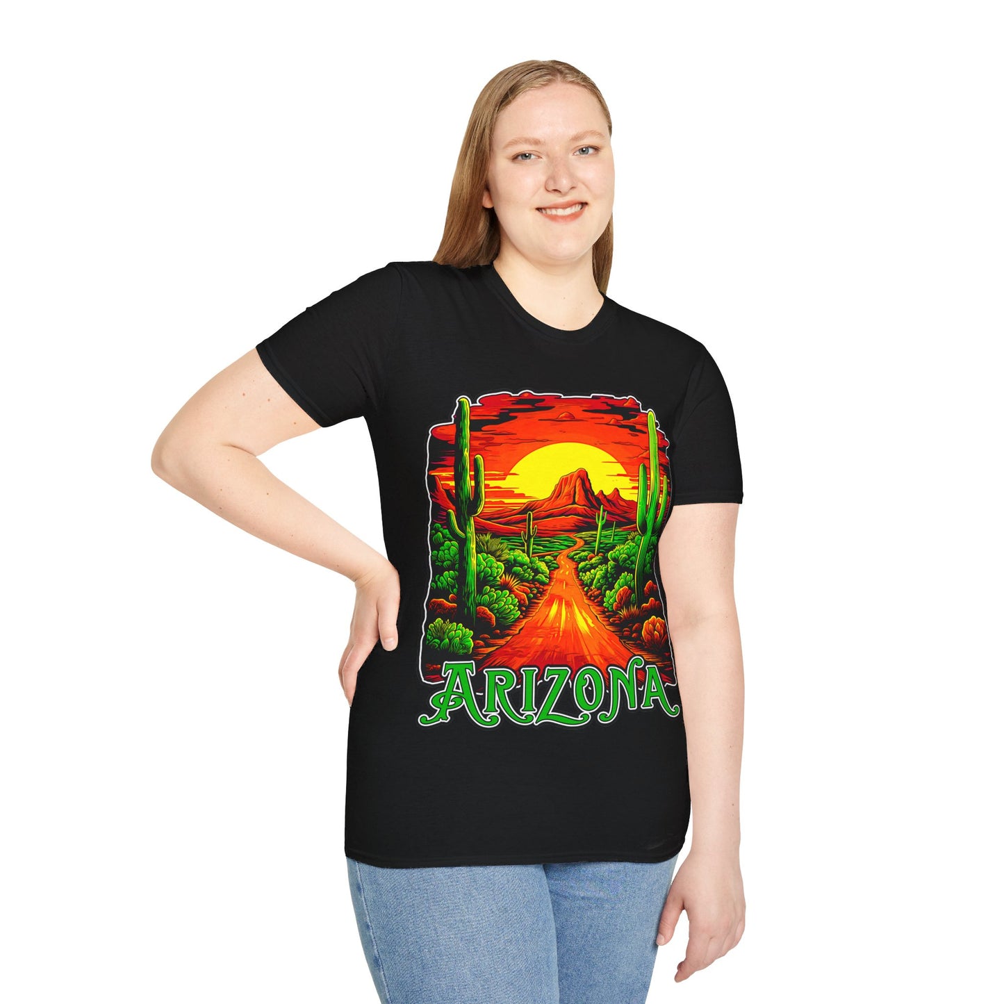 "Red Rock Road - Somewhere, Arizona" Unisex Softstyle T-Shirt from Adobe Dregs Coffee Stash™