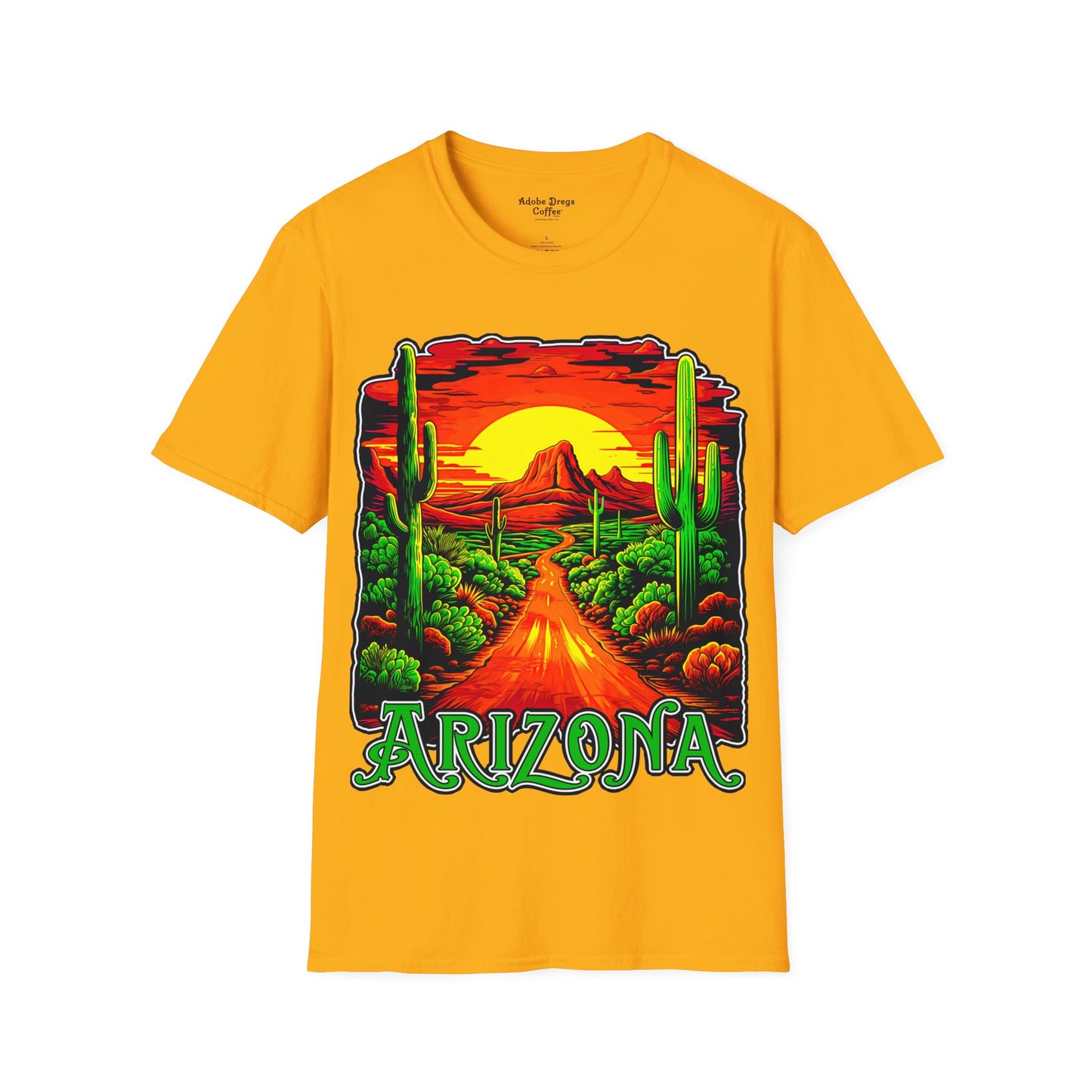 "Red Rock Road - Somewhere, Arizona" Unisex Softstyle T-Shirt from Adobe Dregs Coffee Stash™