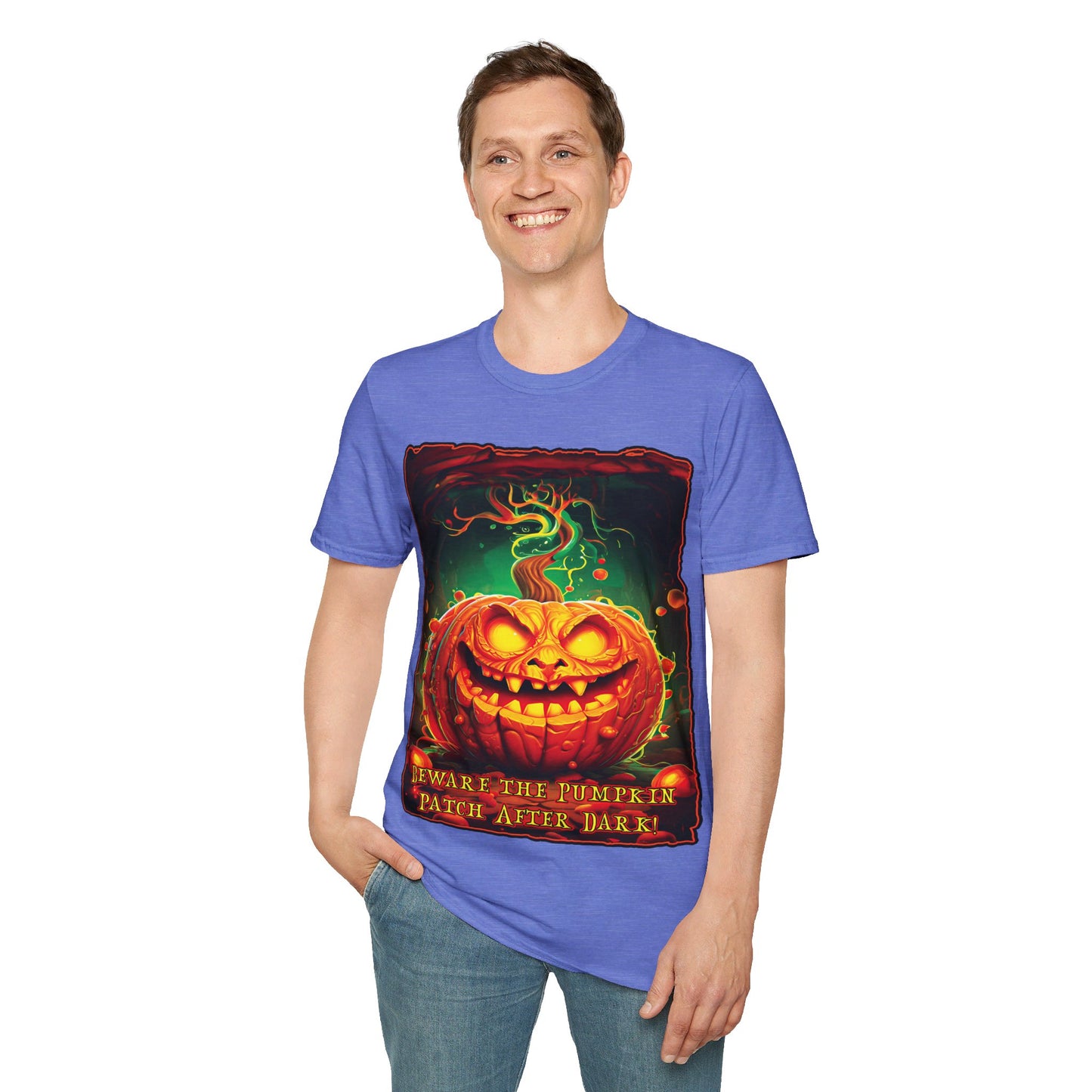 "Beware the Pumpkin Patch..." Unisex Softstyle T-Shirt from Adobe Dregs Coffee Stash™