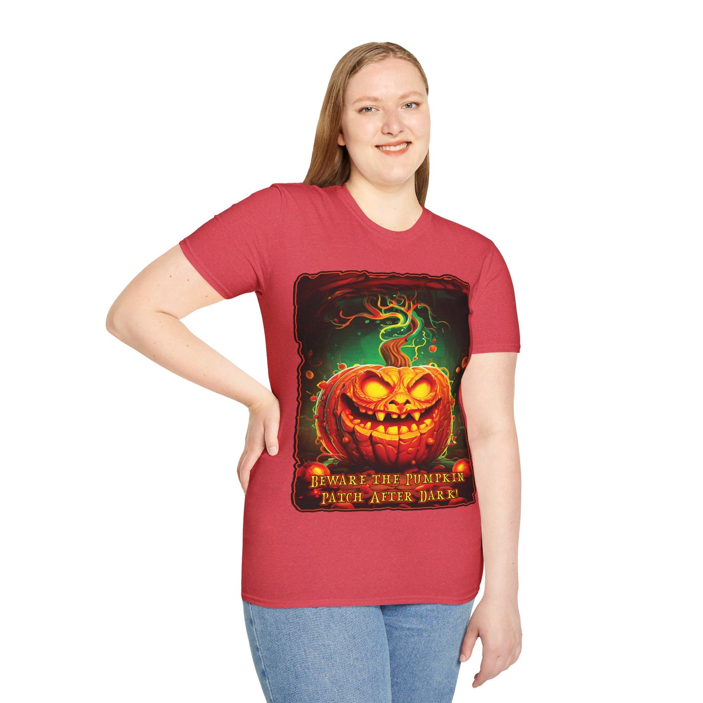 "Beware the Pumpkin Patch..." Unisex Softstyle T-Shirt from Adobe Dregs Coffee Stash™