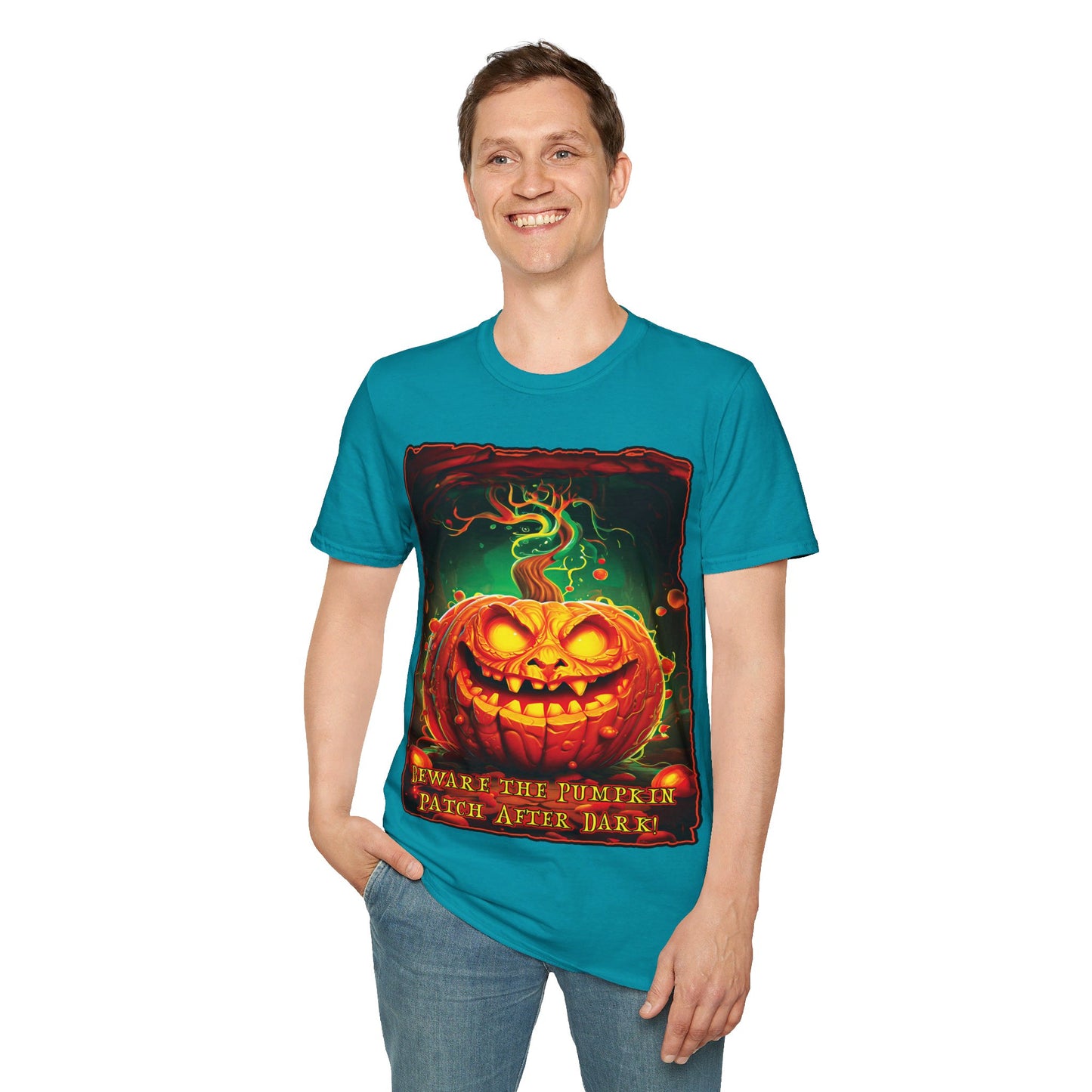 "Beware the Pumpkin Patch..." Unisex Softstyle T-Shirt from Adobe Dregs Coffee Stash™