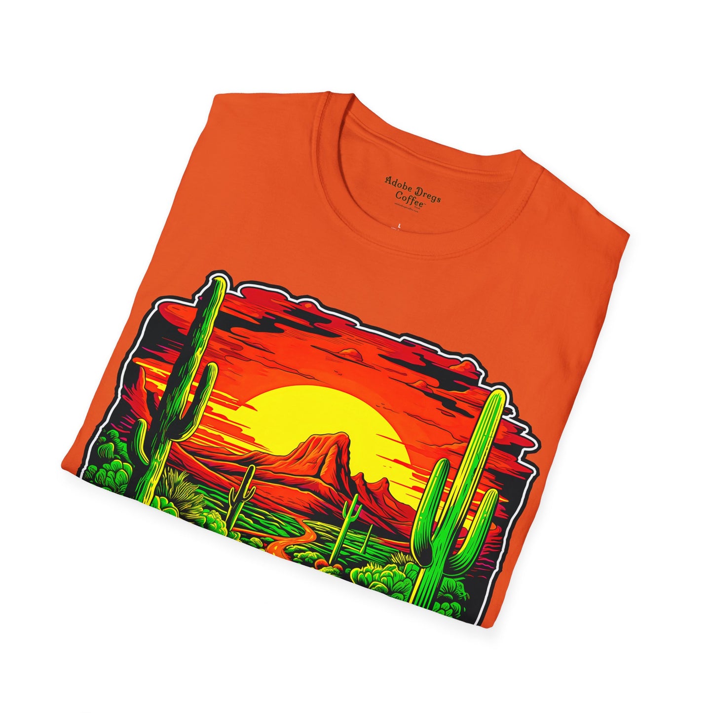 "Red Rock Road - Somewhere, Arizona" Unisex Softstyle T-Shirt from Adobe Dregs Coffee Stash™