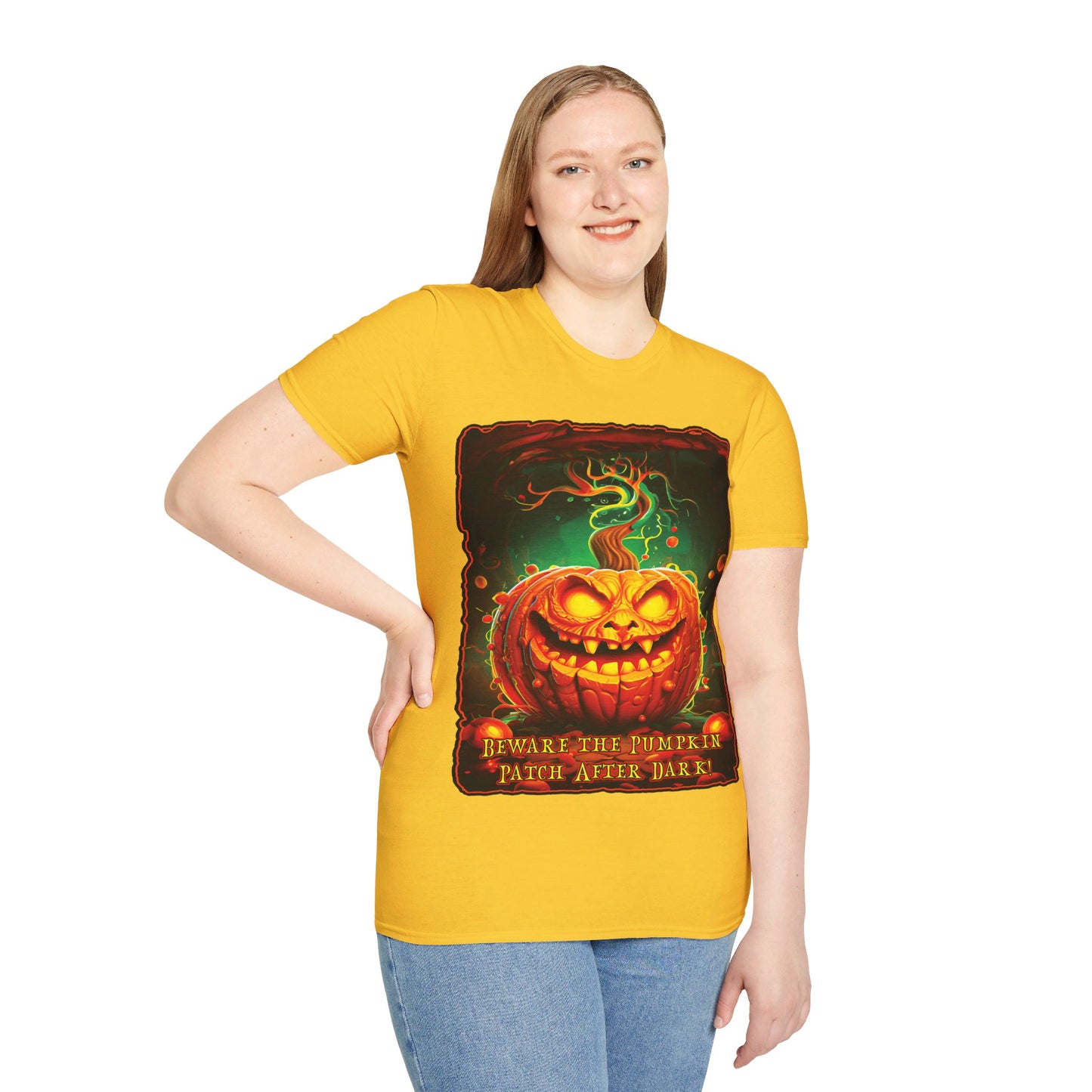 "Beware the Pumpkin Patch..." Unisex Softstyle T-Shirt from Adobe Dregs Coffee Stash™