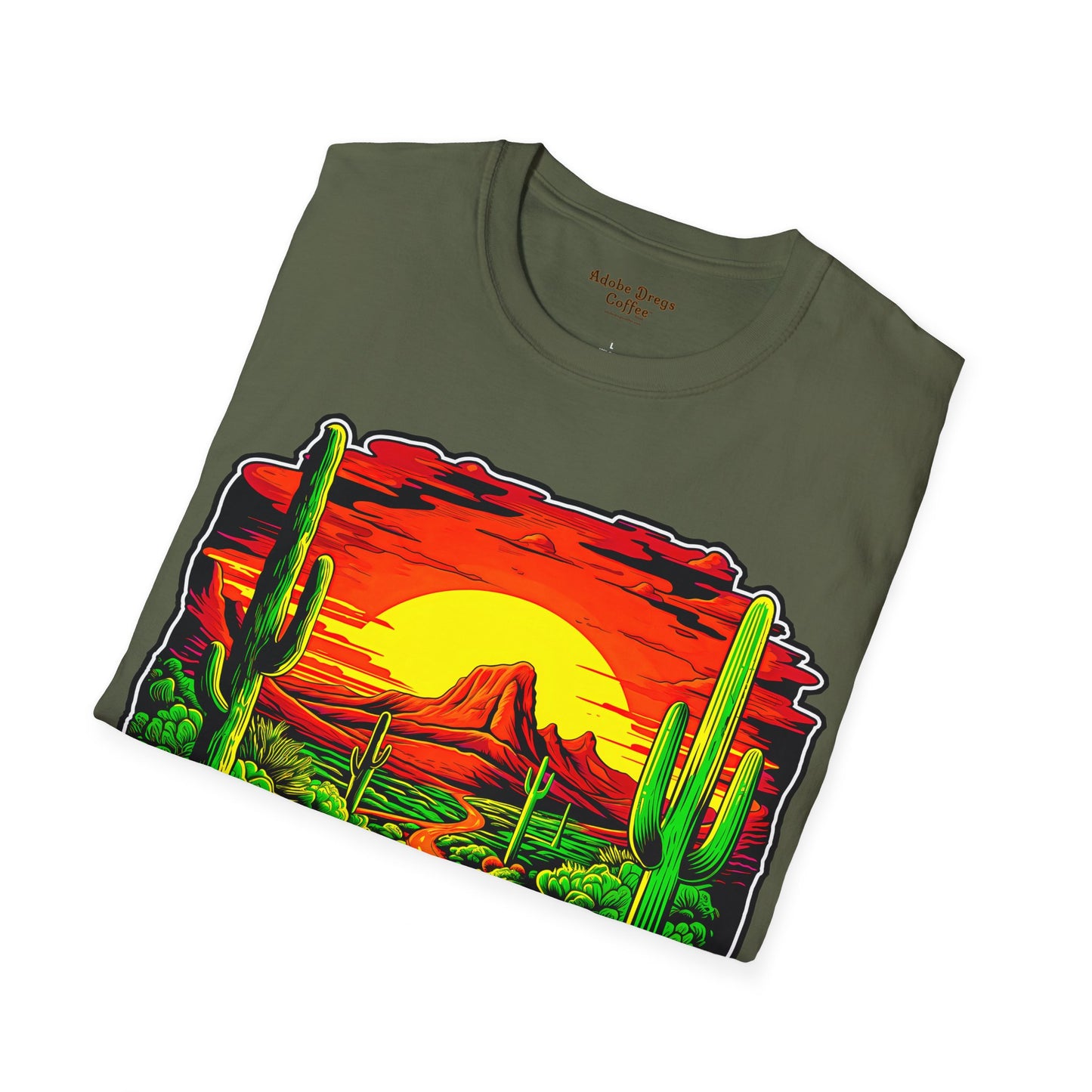 "Red Rock Road - Somewhere, Arizona" Unisex Softstyle T-Shirt from Adobe Dregs Coffee Stash™