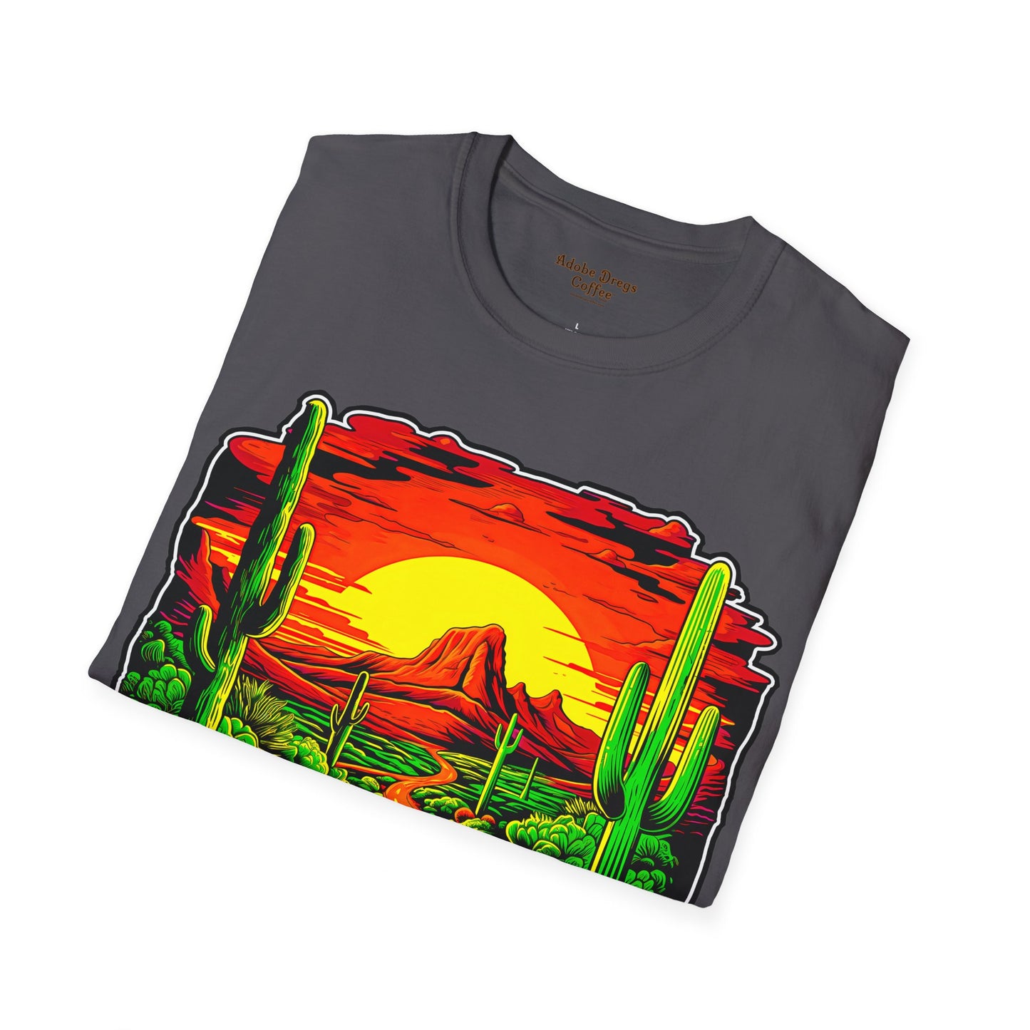 "Red Rock Road - Somewhere, Arizona" Unisex Softstyle T-Shirt from Adobe Dregs Coffee Stash™