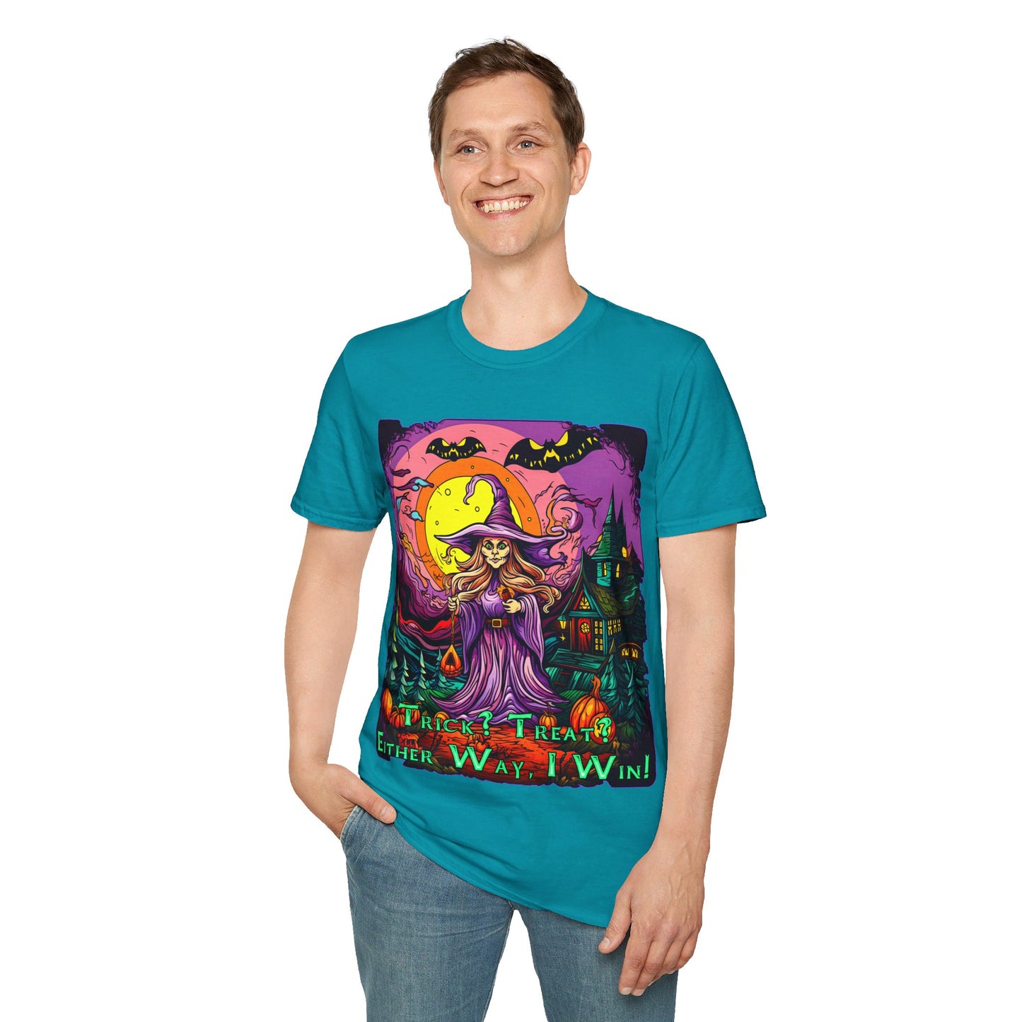 "Trick? Treat? Either Way, I Win!" Unisex Softstyle T-Shirt from Adobe Dregs Coffee Stash™