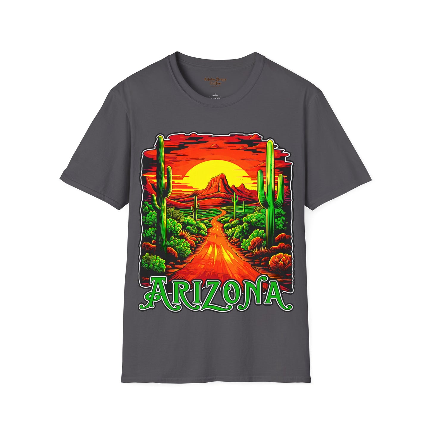 "Red Rock Road - Somewhere, Arizona" Unisex Softstyle T-Shirt from Adobe Dregs Coffee Stash™