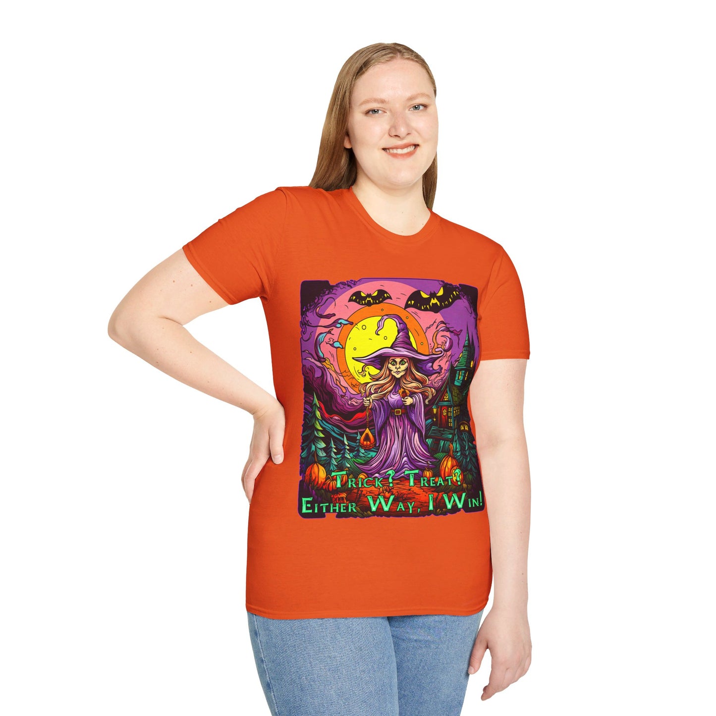 "Trick? Treat? Either Way, I Win!" Unisex Softstyle T-Shirt from Adobe Dregs Coffee Stash™