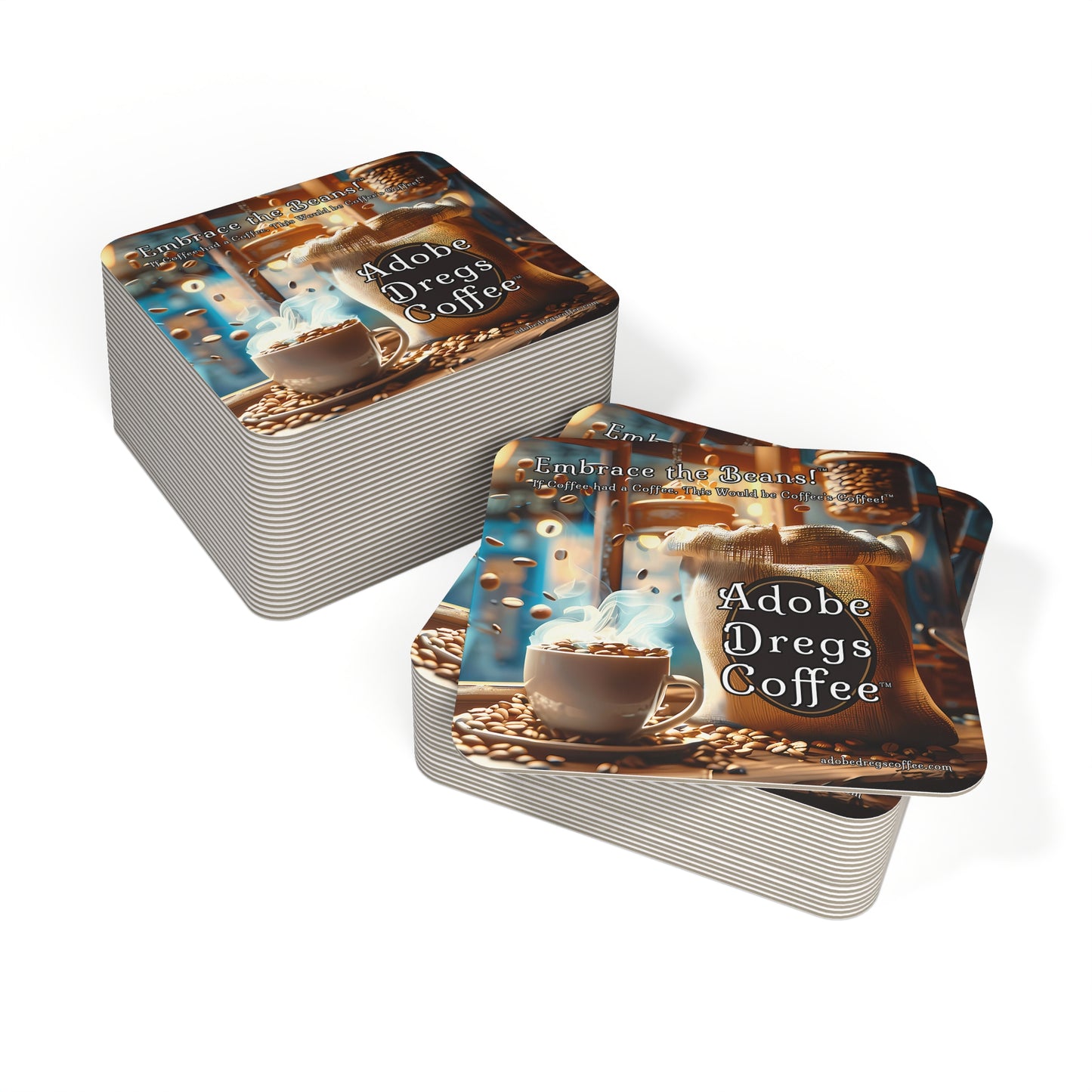 Adobe Dregs Coffee™ Logo Coasters, Choice of 50 or 100 pieces.