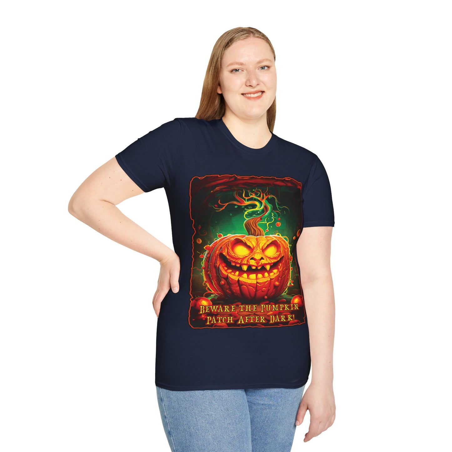 "Beware the Pumpkin Patch..." Unisex Softstyle T-Shirt from Adobe Dregs Coffee Stash™