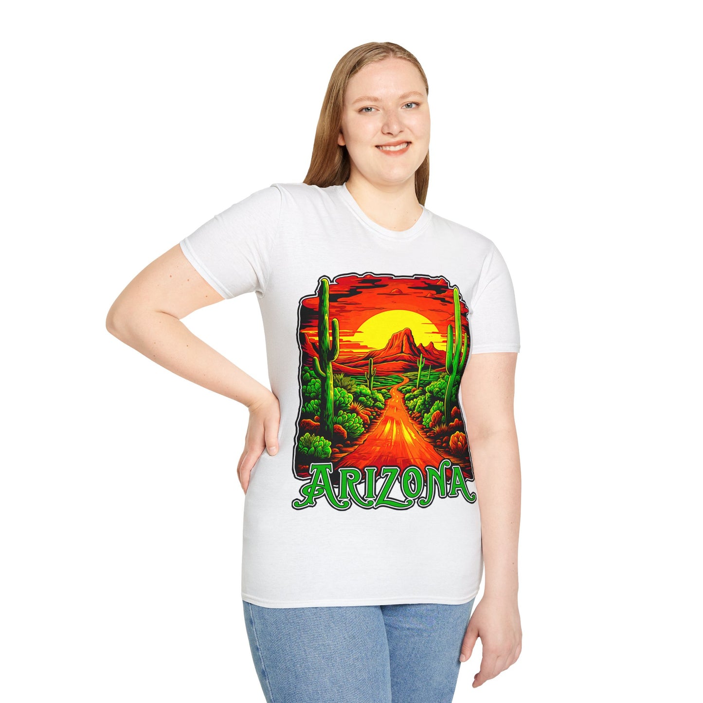 "Red Rock Road - Somewhere, Arizona" Unisex Softstyle T-Shirt from Adobe Dregs Coffee Stash™