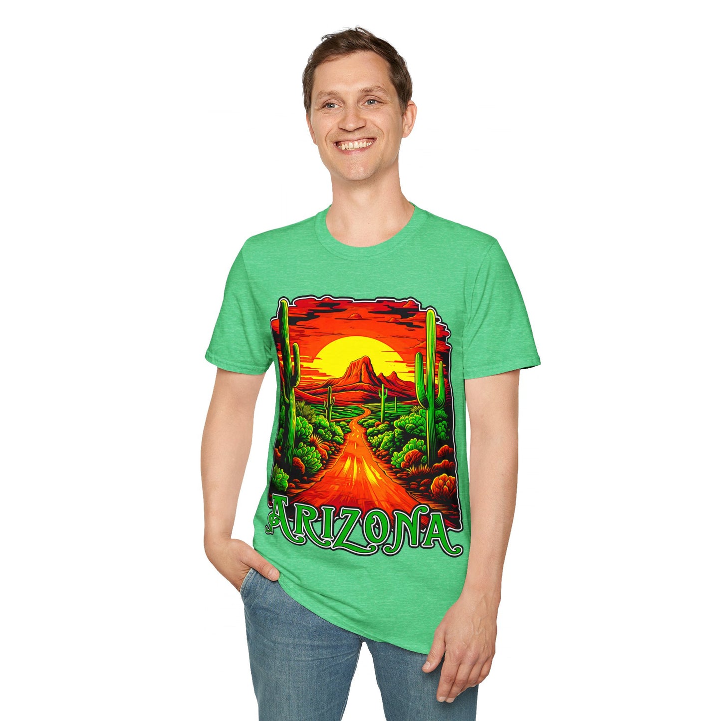 "Red Rock Road - Somewhere, Arizona" Unisex Softstyle T-Shirt from Adobe Dregs Coffee Stash™