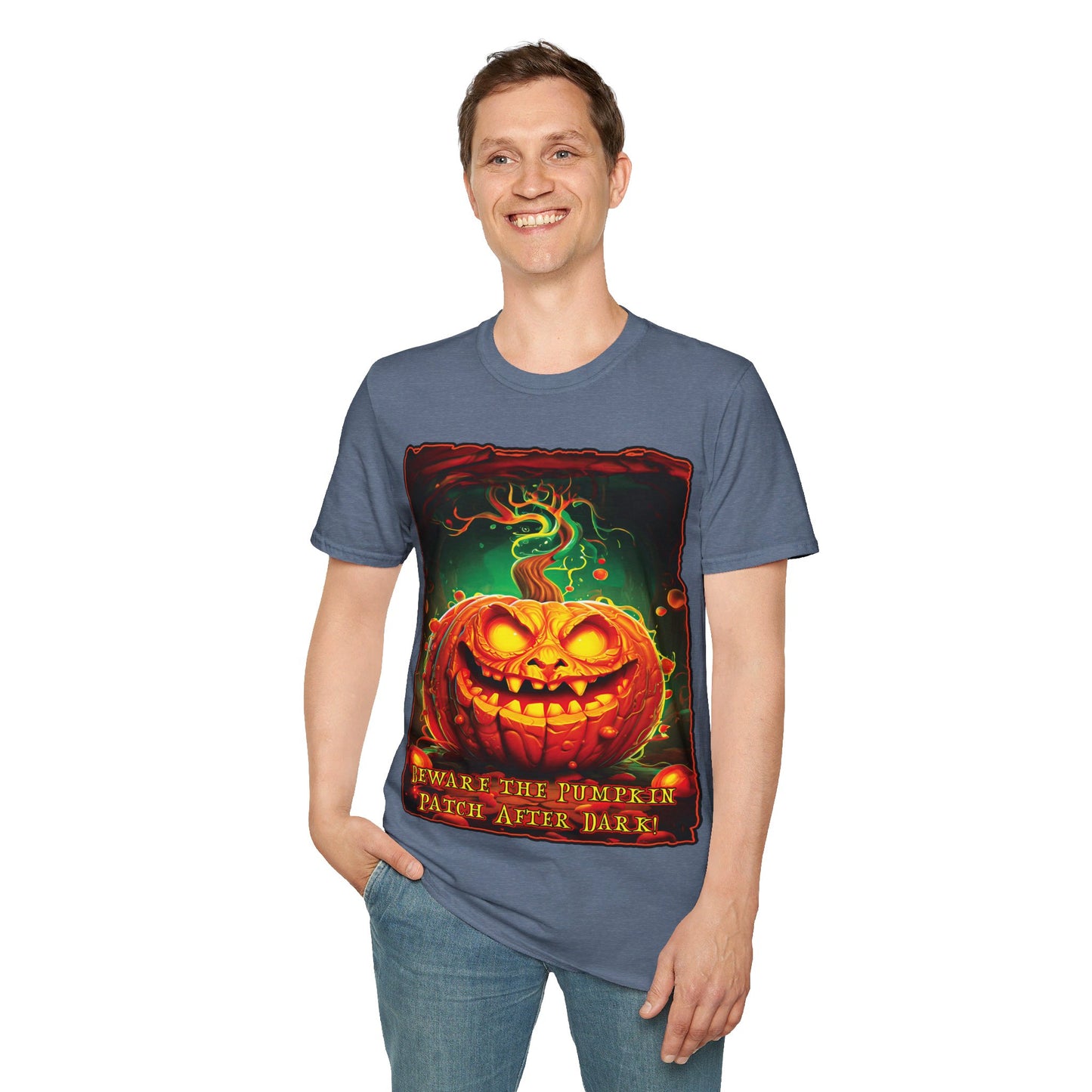 "Beware the Pumpkin Patch..." Unisex Softstyle T-Shirt from Adobe Dregs Coffee Stash™