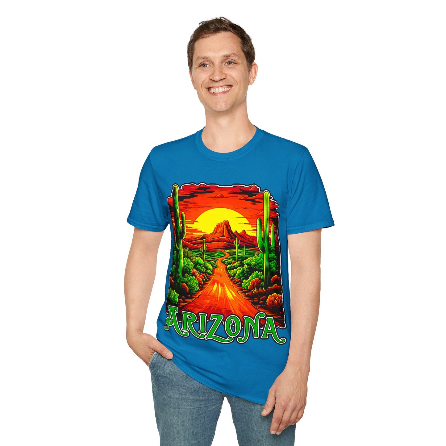 "Red Rock Road - Somewhere, Arizona" Unisex Softstyle T-Shirt from Adobe Dregs Coffee Stash™