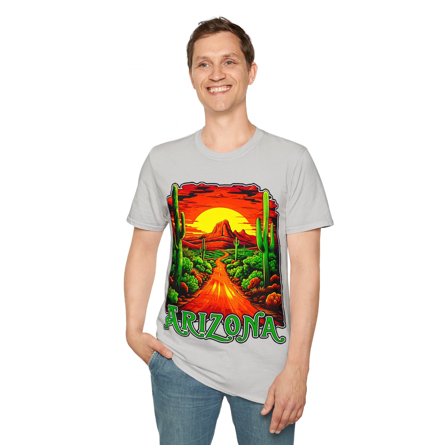 "Red Rock Road - Somewhere, Arizona" Unisex Softstyle T-Shirt from Adobe Dregs Coffee Stash™