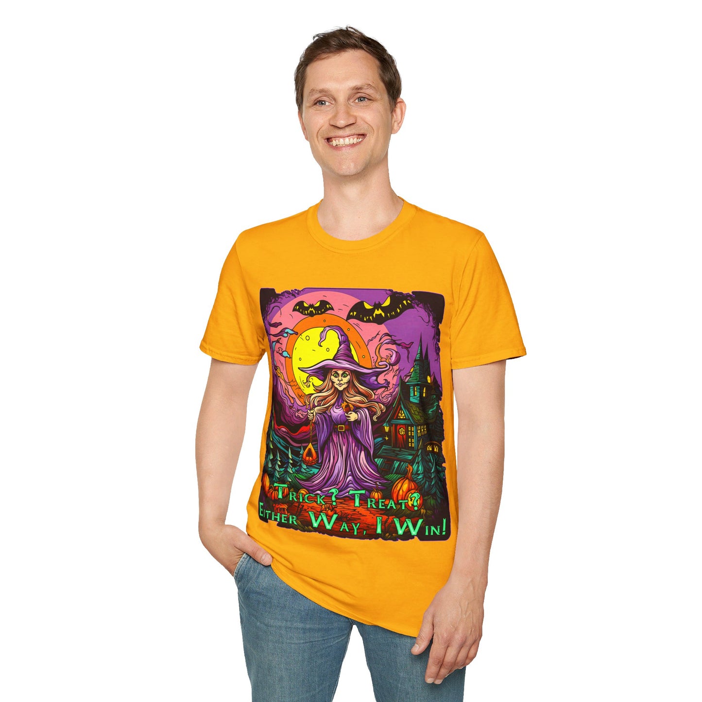 "Trick? Treat? Either Way, I Win!" Unisex Softstyle T-Shirt from Adobe Dregs Coffee Stash™