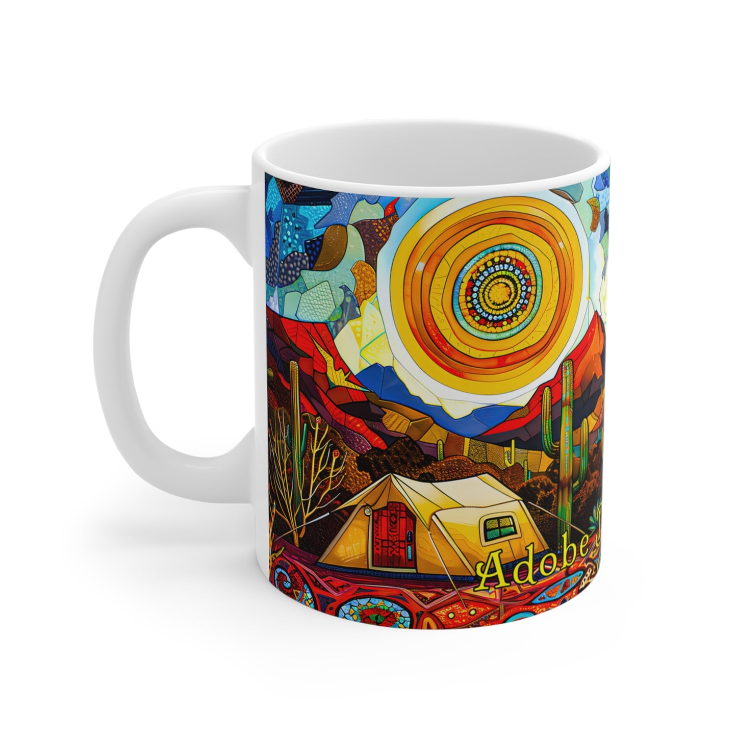 "A Patchwork Desert Camp" 11oz Coffee Mug, from Adobe Dregs Coffee Stash™