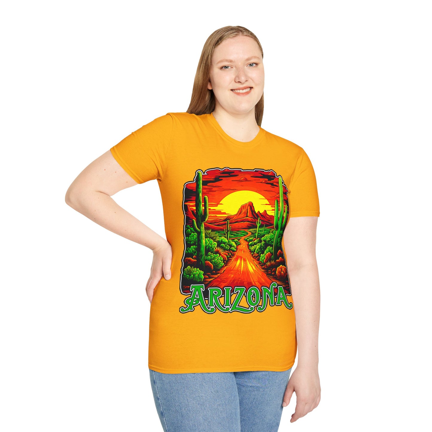 "Red Rock Road - Somewhere, Arizona" Unisex Softstyle T-Shirt from Adobe Dregs Coffee Stash™