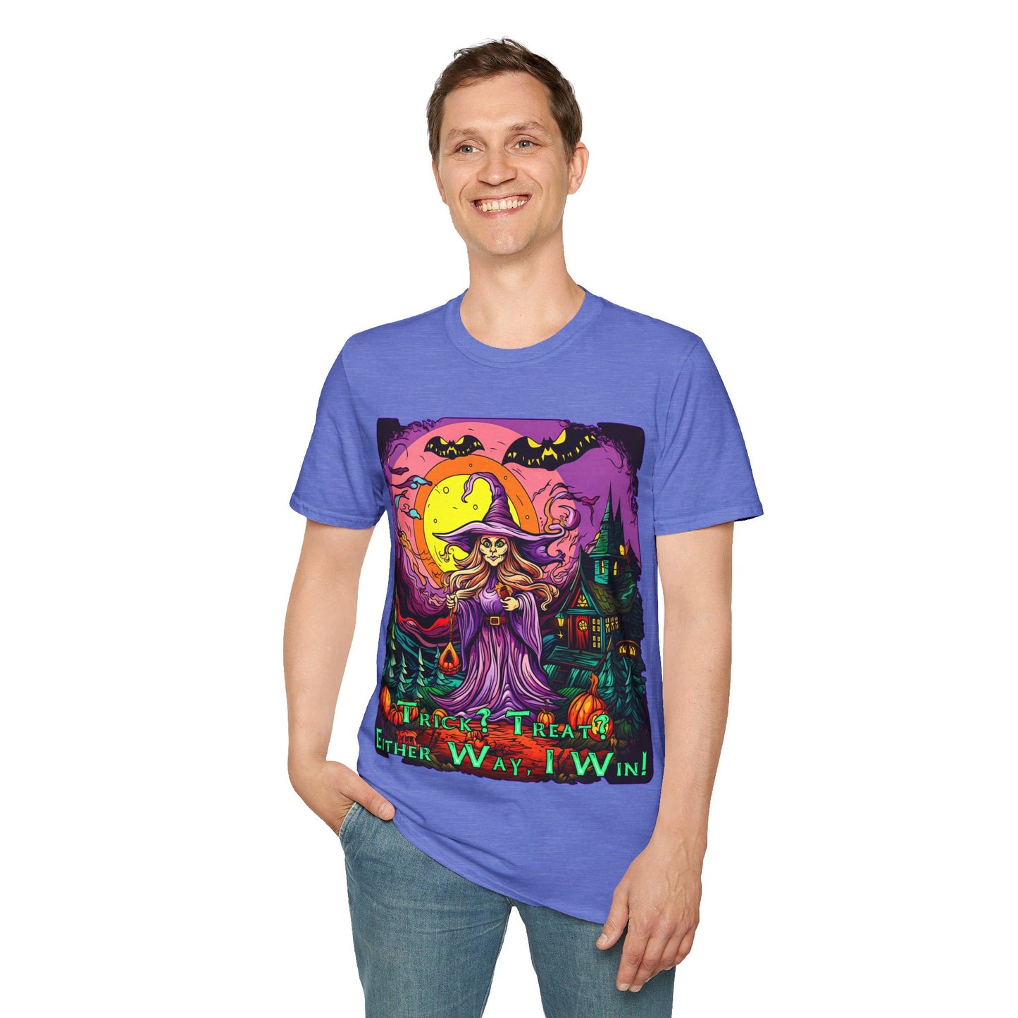 "Trick? Treat? Either Way, I Win!" Unisex Softstyle T-Shirt from Adobe Dregs Coffee Stash™