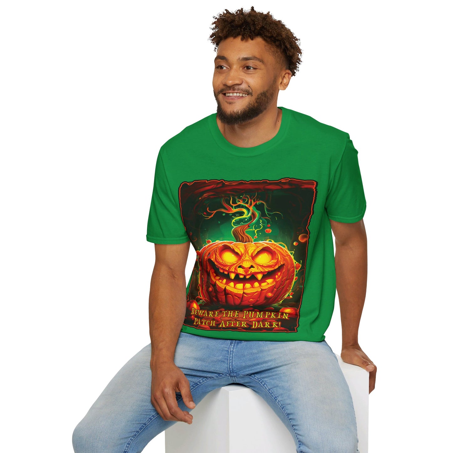 "Beware the Pumpkin Patch..." Unisex Softstyle T-Shirt from Adobe Dregs Coffee Stash™