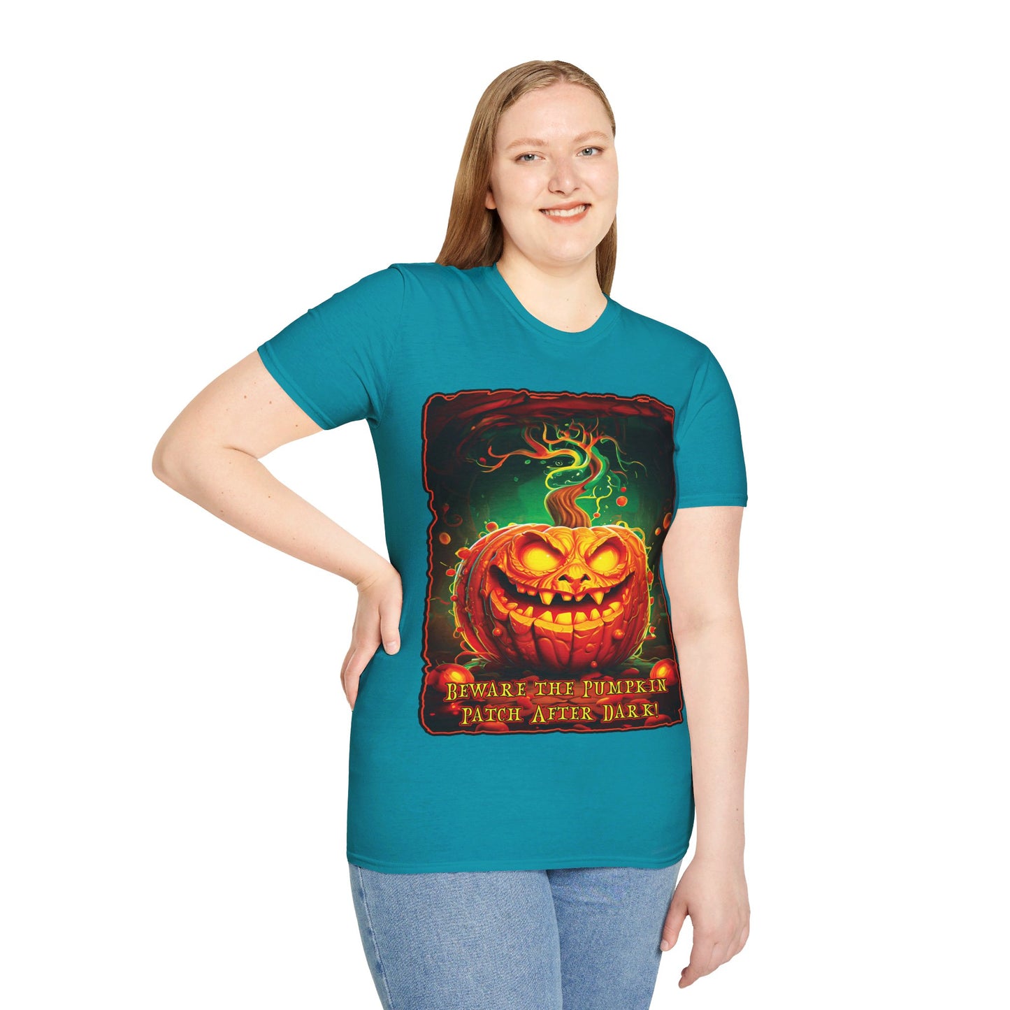 "Beware the Pumpkin Patch..." Unisex Softstyle T-Shirt from Adobe Dregs Coffee Stash™