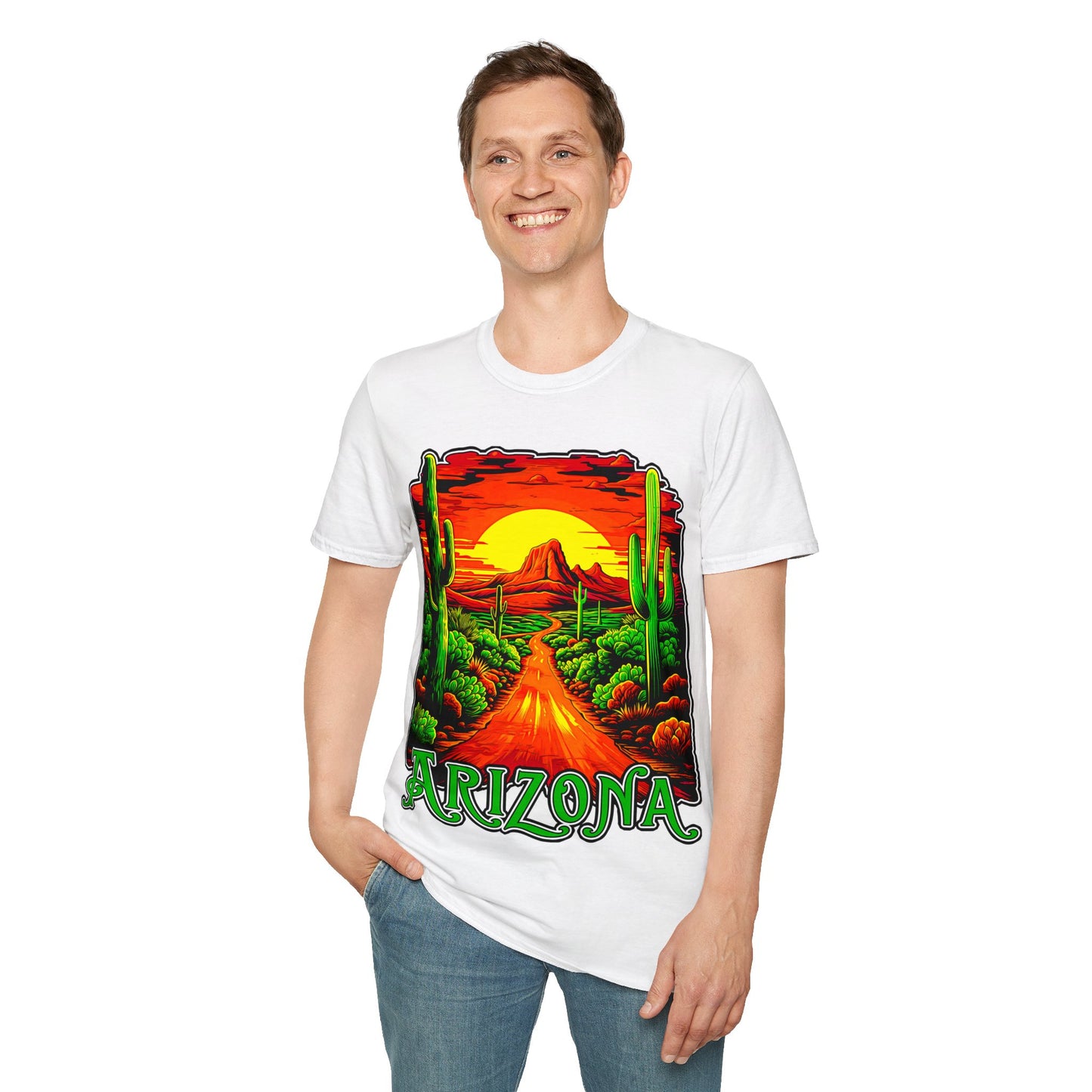 "Red Rock Road - Somewhere, Arizona" Unisex Softstyle T-Shirt from Adobe Dregs Coffee Stash™