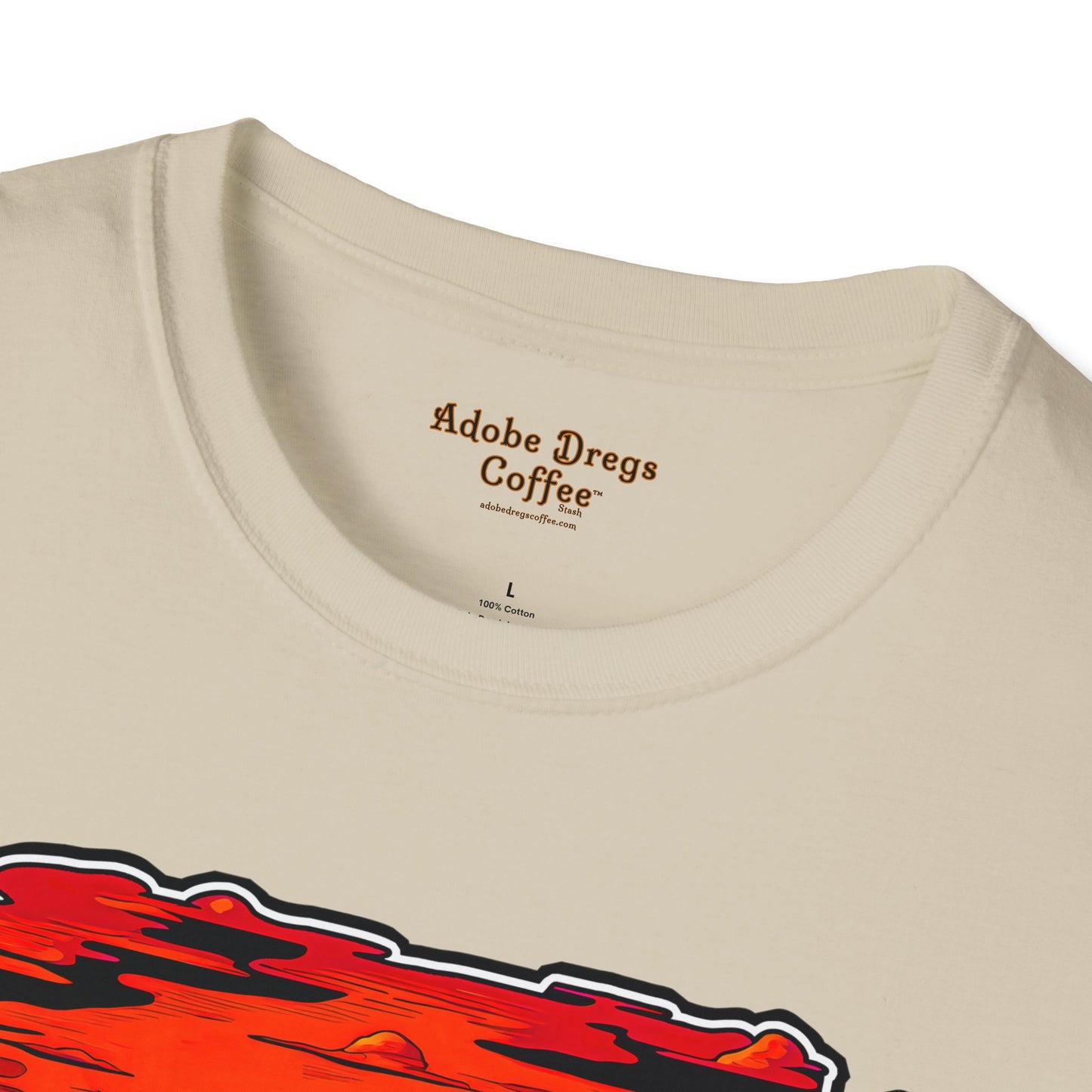 "Red Rock Road - Somewhere, Arizona" Unisex Softstyle T-Shirt from Adobe Dregs Coffee Stash™